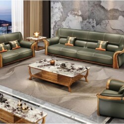 Toàn cảnh bộ sofa gỗ Mun SF316-124 màu xanh rêu đậm trong phòng khách hiện đại. Bố cục gồm một sofa băng dài, một sofa băn…