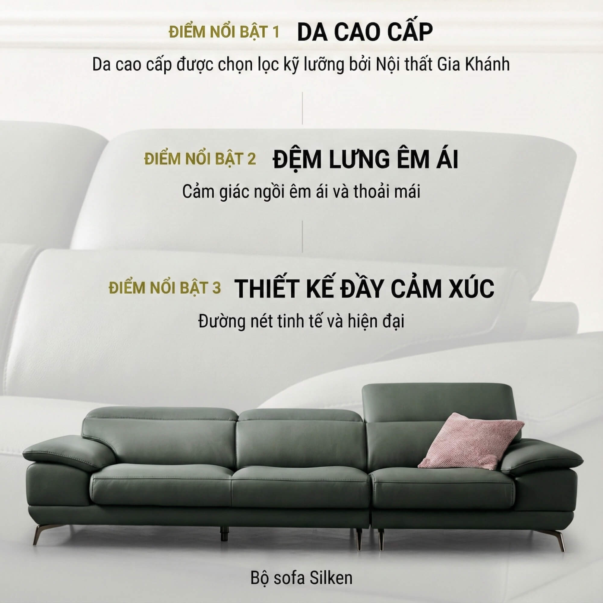 Sofa SILKEN - Sofa Băng Bọc Da Hiện Đại Với Tựa Đầu Thông Minh
