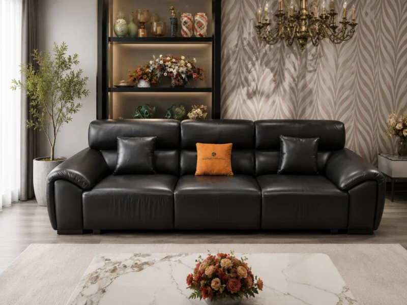 Sofa băng nhập khẩu SF-HY07-30 màu đen, chụp chính diện trong không gian phòng khách luxury. Ghế có kiểu dáng thanh lịch…