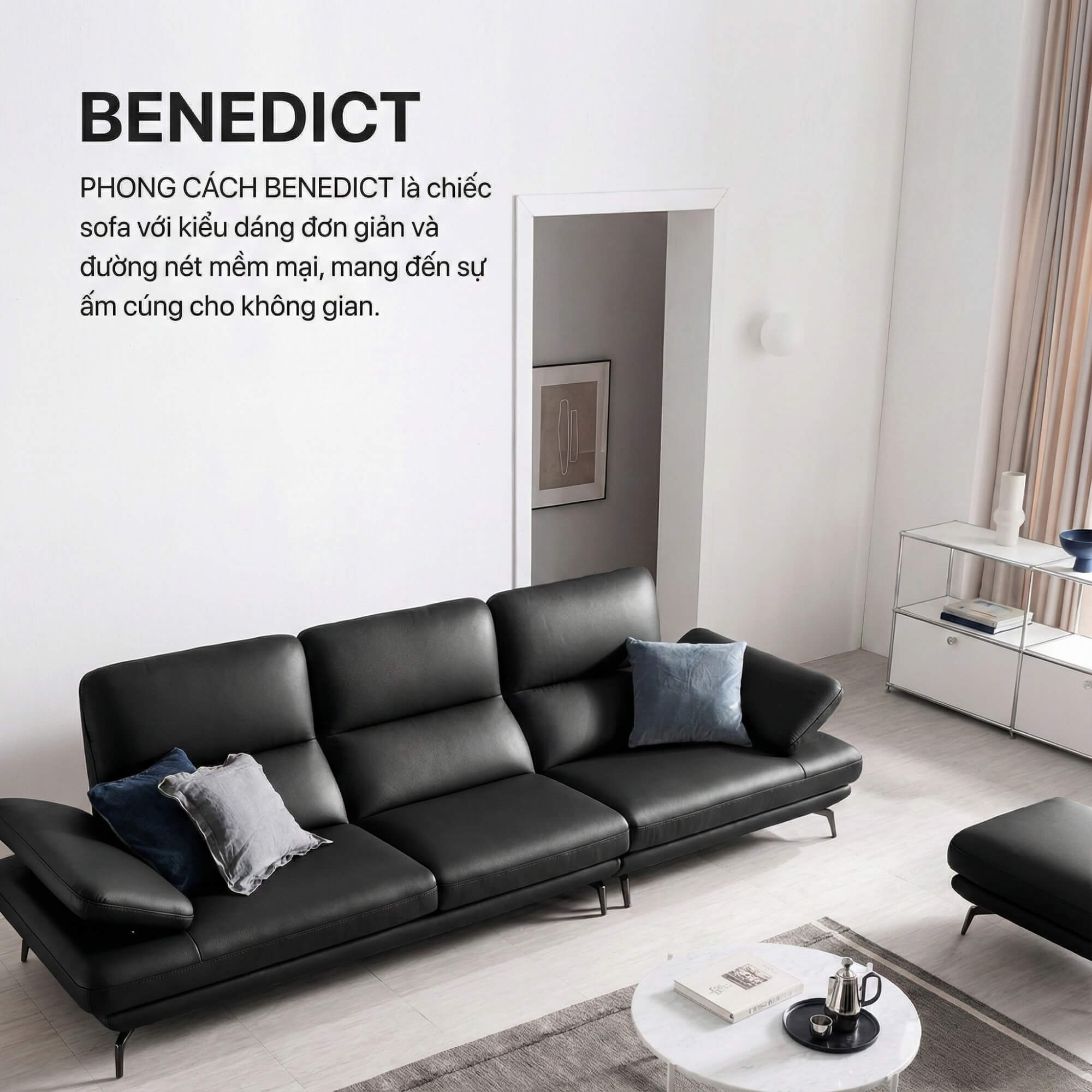 Sofa BENEDICT - Sofa Băng 4 Chỗ Bọc Da Với Tay Điều Chỉnh Thông Minh