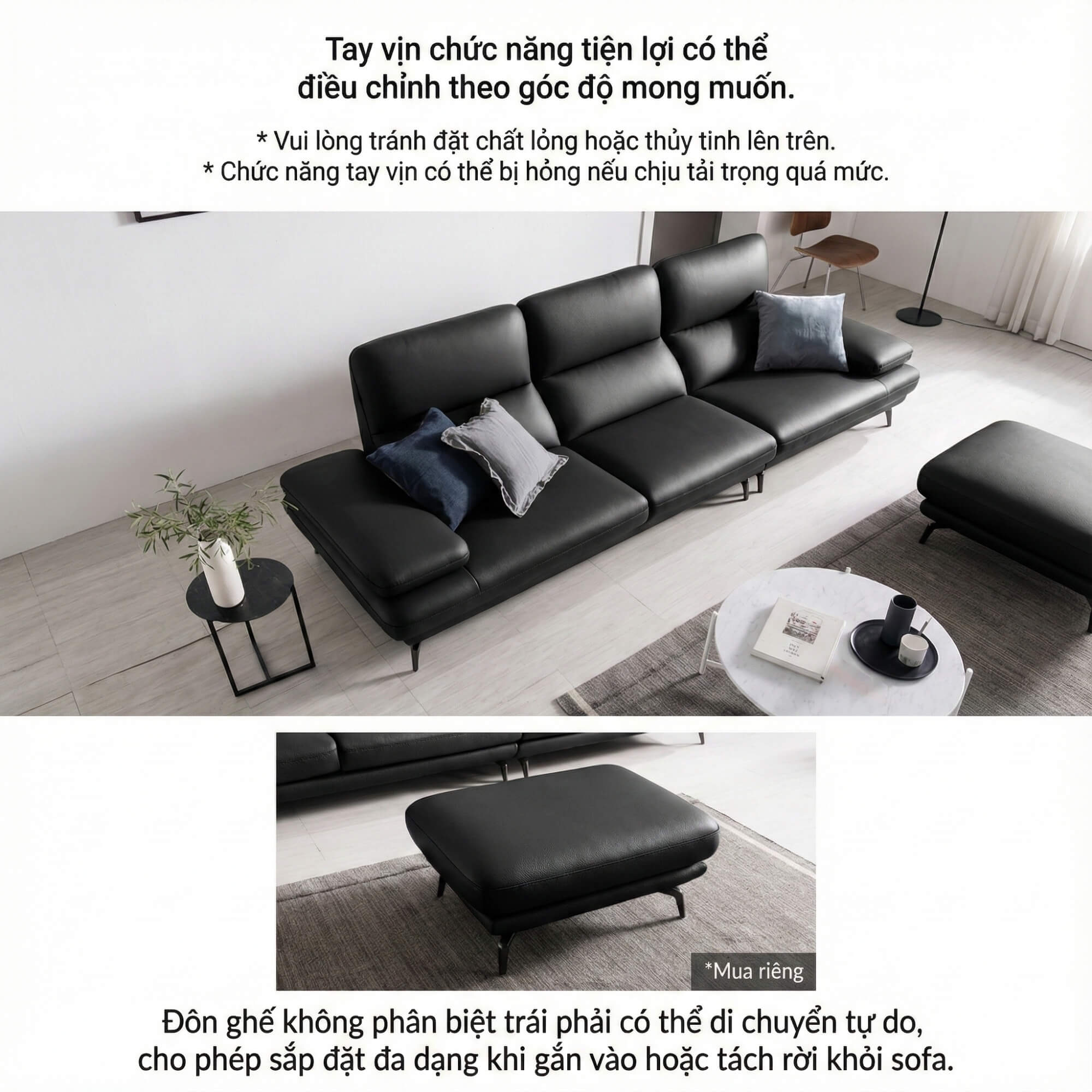 Sofa BENEDICT - Sofa Băng 4 Chỗ Bọc Da Với Tay Điều Chỉnh Thông Minh