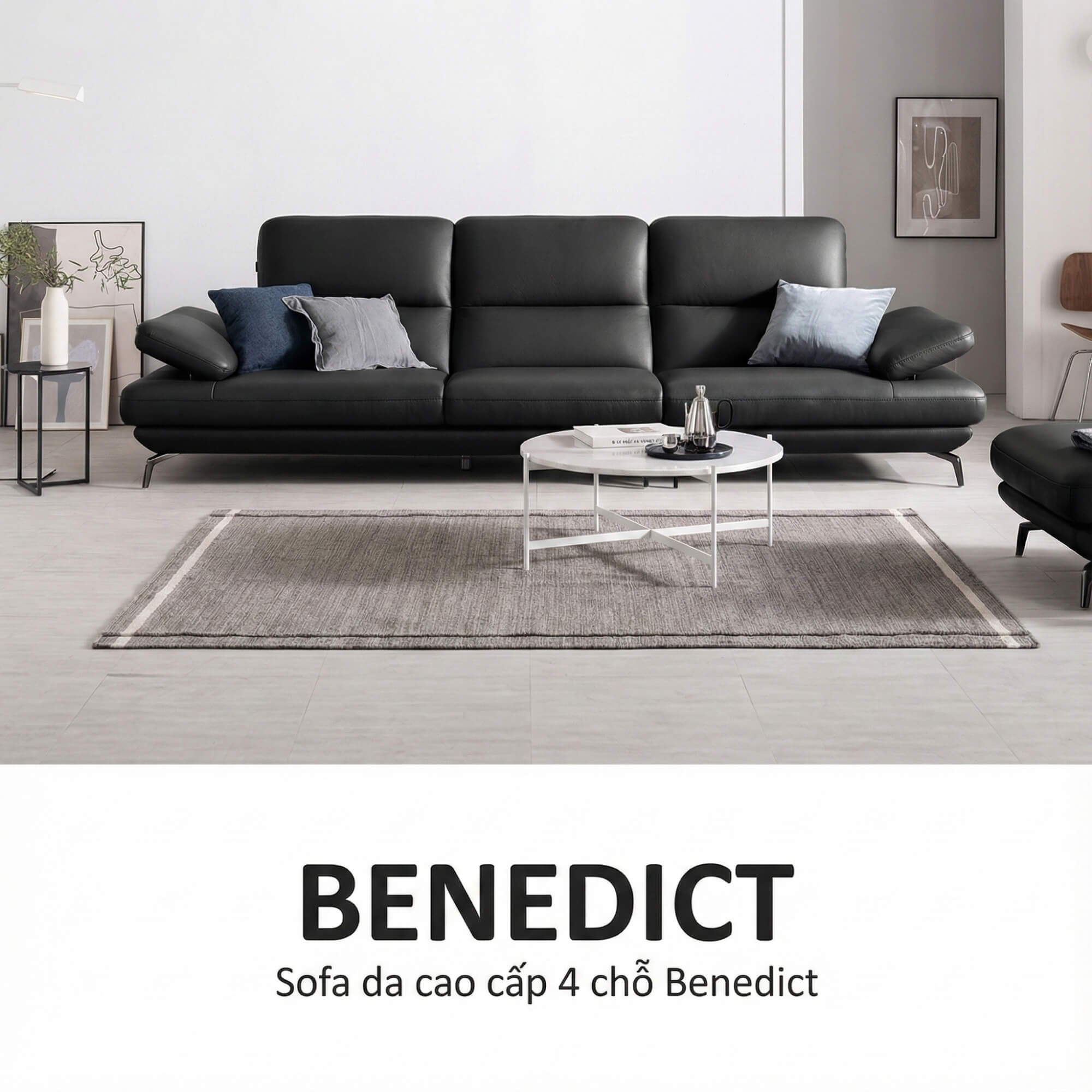 Sofa BENEDICT - Sofa Băng 4 Chỗ Bọc Da Với Tay Điều Chỉnh Thông Minh