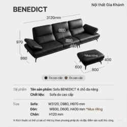 Sofa BENEDICT - Sofa Băng 4 Chỗ Bọc Da Với Tay Điều Chỉnh Thông Minh