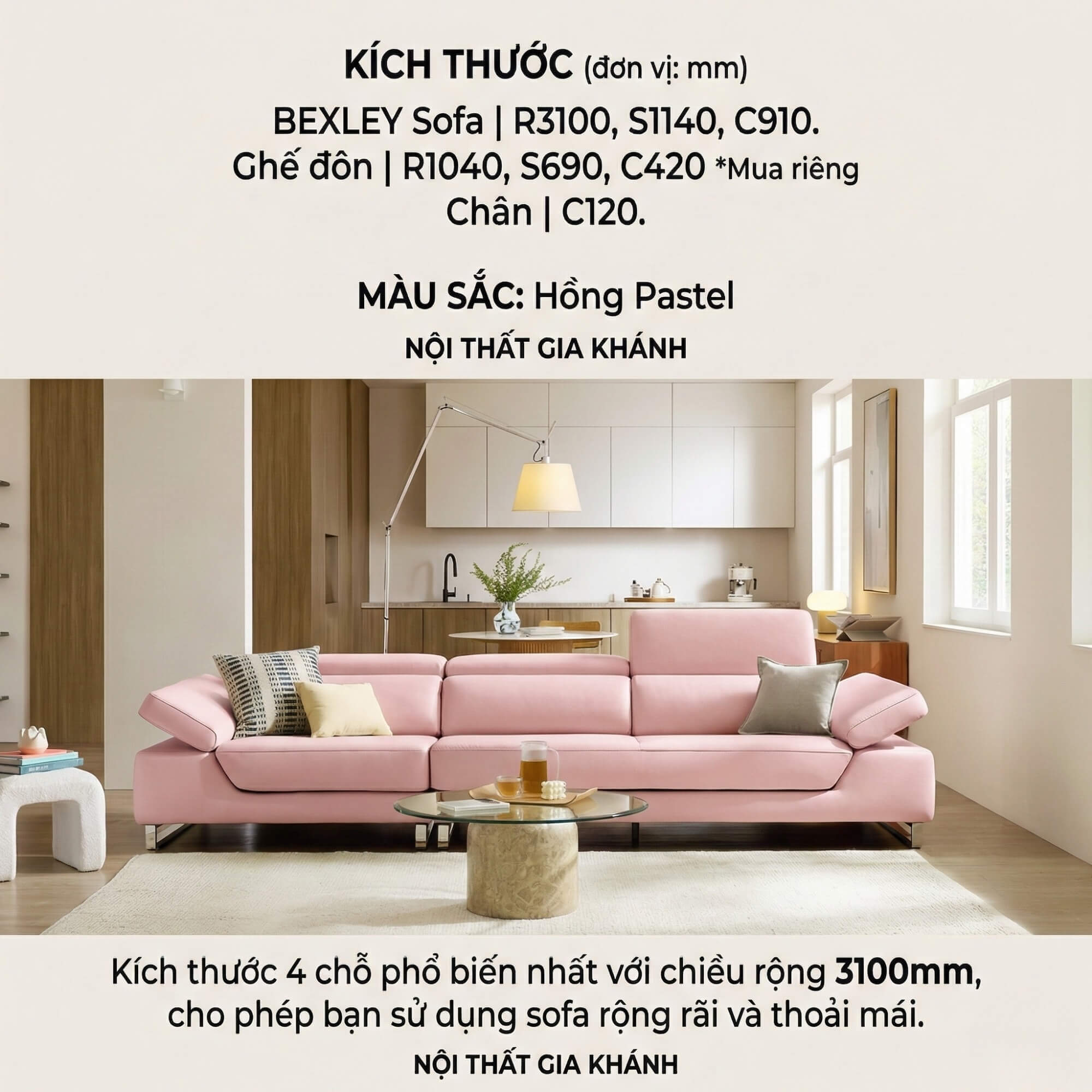 Sofa BEXLEY – Sofa Da 4 Chỗ Hiện Đại Thiết Kế Tựa Đầu Thông Minh Đẳng Cấp