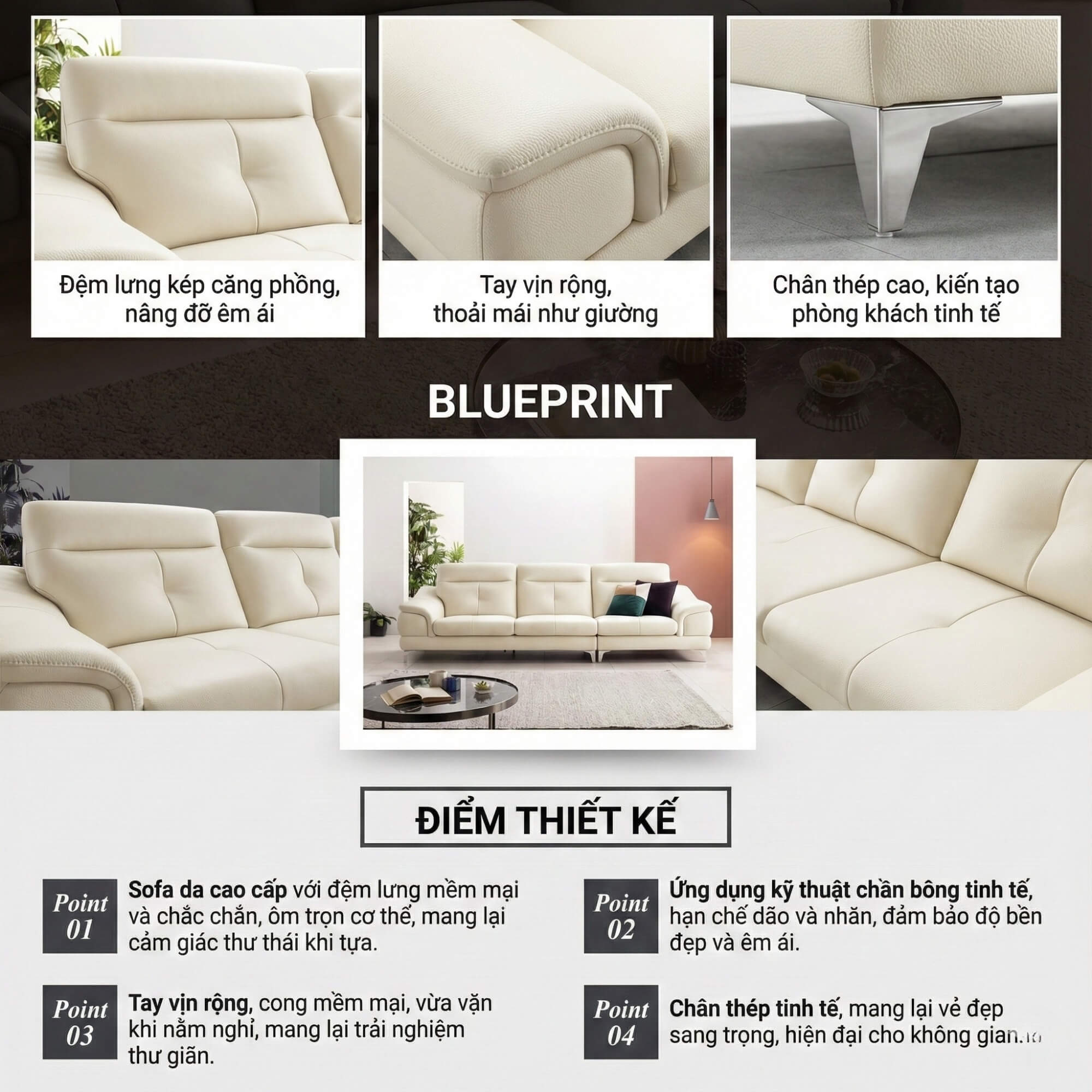 Sofa BLUEPRINT - Sofa Băng Bọc Da Bắc Âu Thiết Kế Tối Giản Tinh Tế