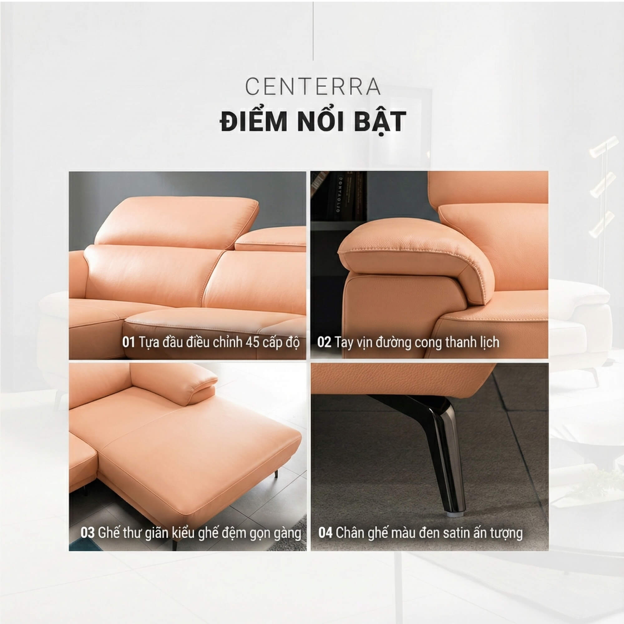 Sofa CENTERRA - Sofa Góc Bọc Da Thiết Kế Tựa Đầu Thông Minh