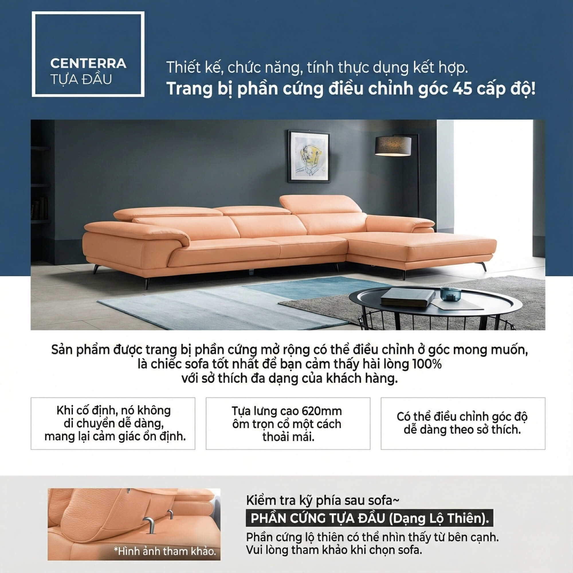 Sofa CENTERRA - Sofa Góc Bọc Da Thiết Kế Tựa Đầu Thông Minh