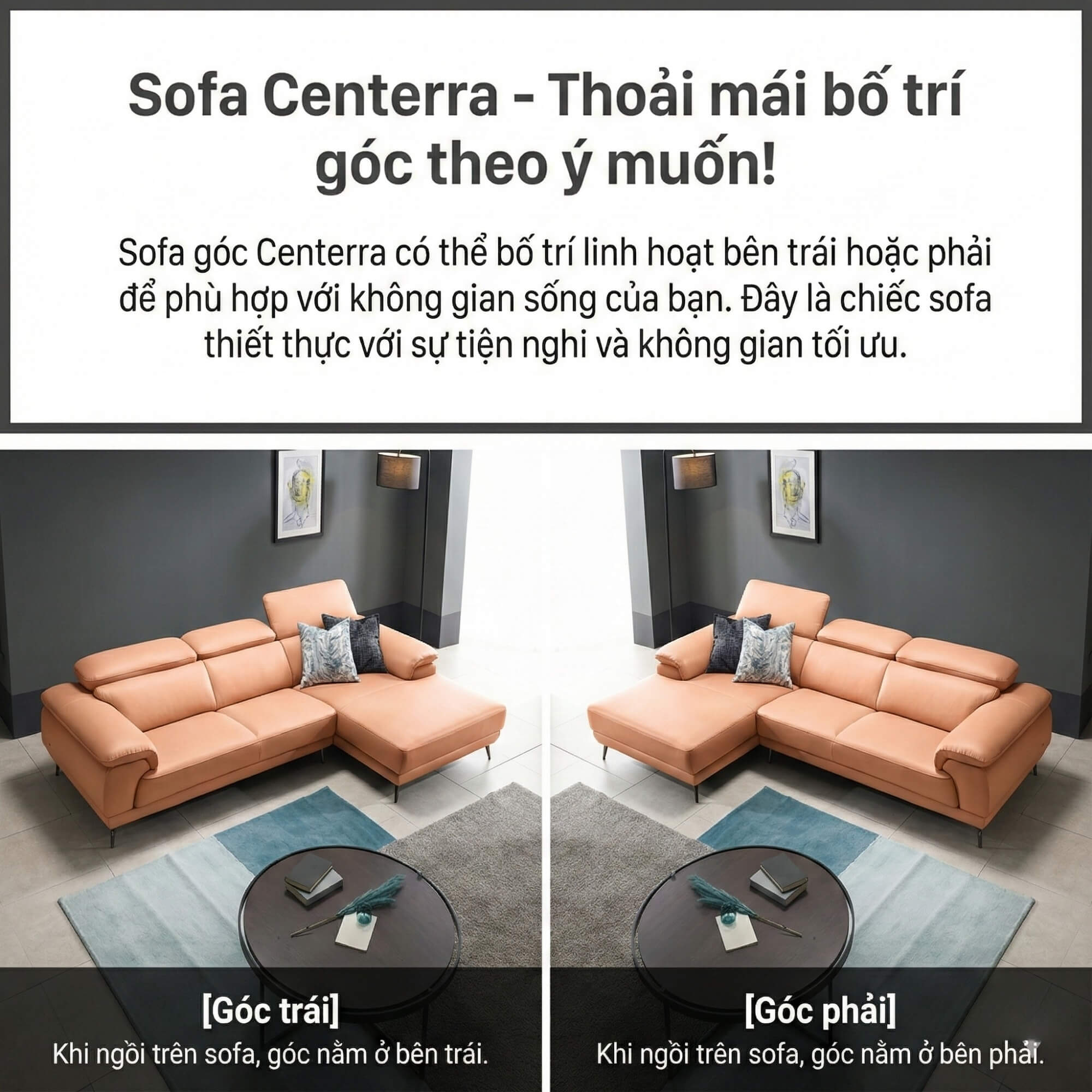 Sofa CENTERRA - Sofa Góc Bọc Da Thiết Kế Tựa Đầu Thông Minh