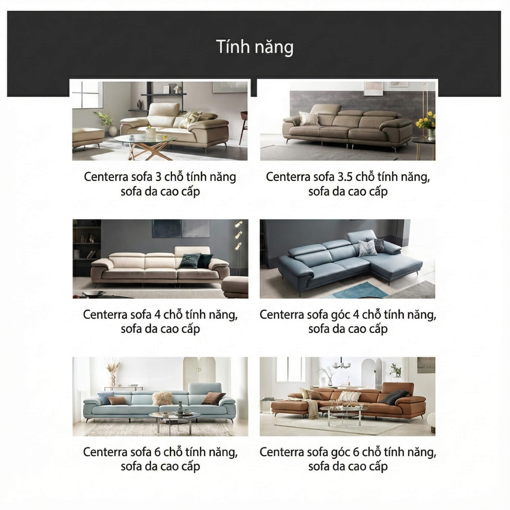 Sofa CENTERRA - Sofa Góc Bọc Da Thiết Kế Tựa Đầu Thông Minh