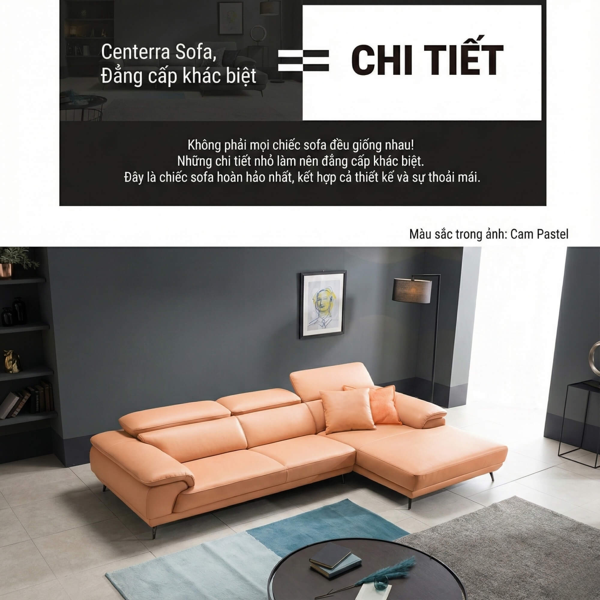 Sofa CENTERRA - Sofa Góc Bọc Da Thiết Kế Tựa Đầu Thông Minh