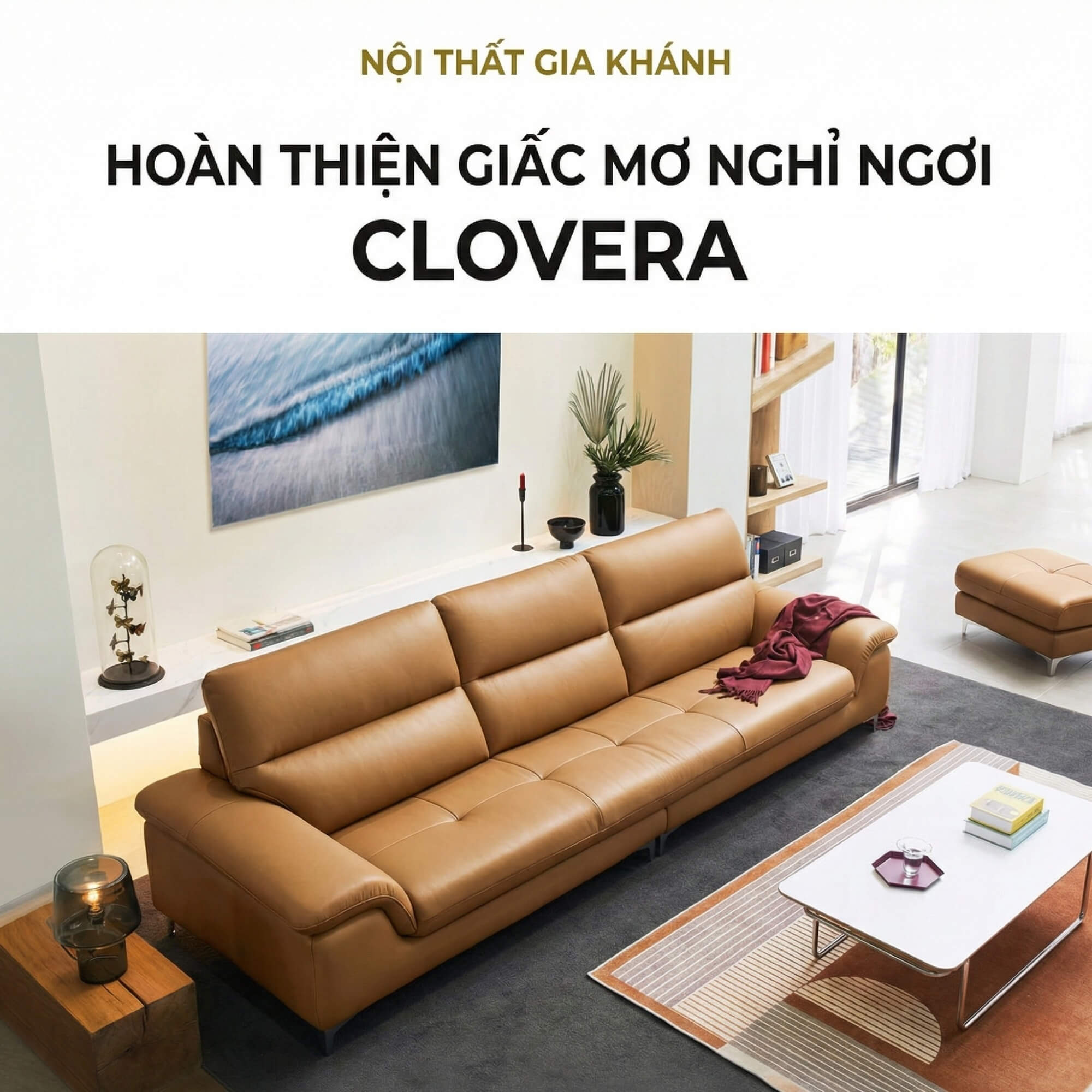 Sofa CLOVERA - Sofa Băng Bọc Da Tay Vịn Thấp Thư Giãn