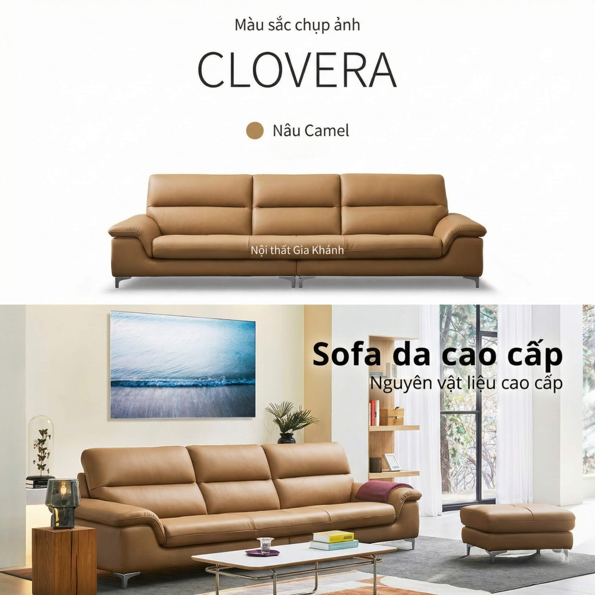 Sofa CLOVERA - Sofa Băng Bọc Da Tay Vịn Thấp Thư Giãn
