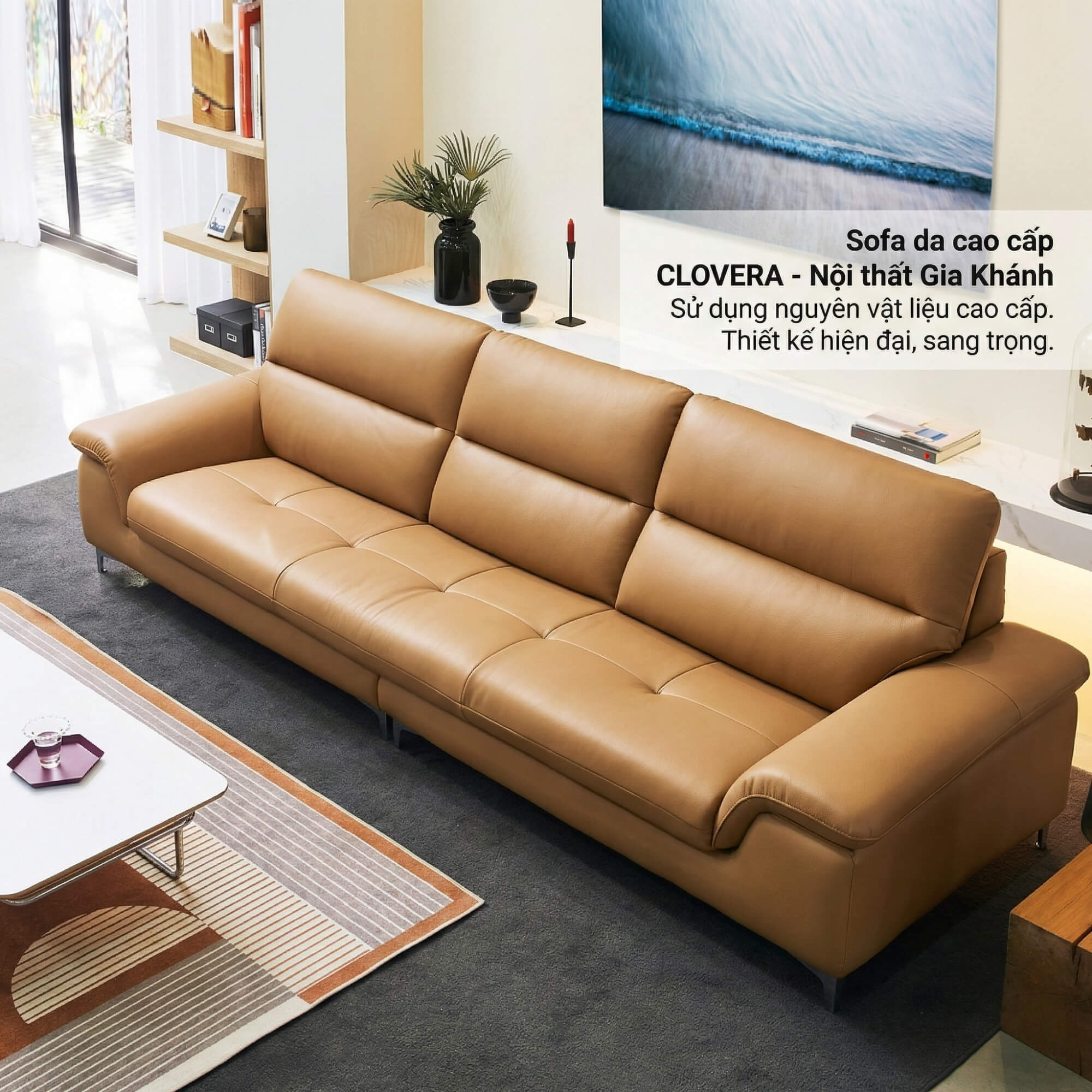 Sofa CLOVERA - Sofa Băng Bọc Da Tay Vịn Thấp Thư Giãn