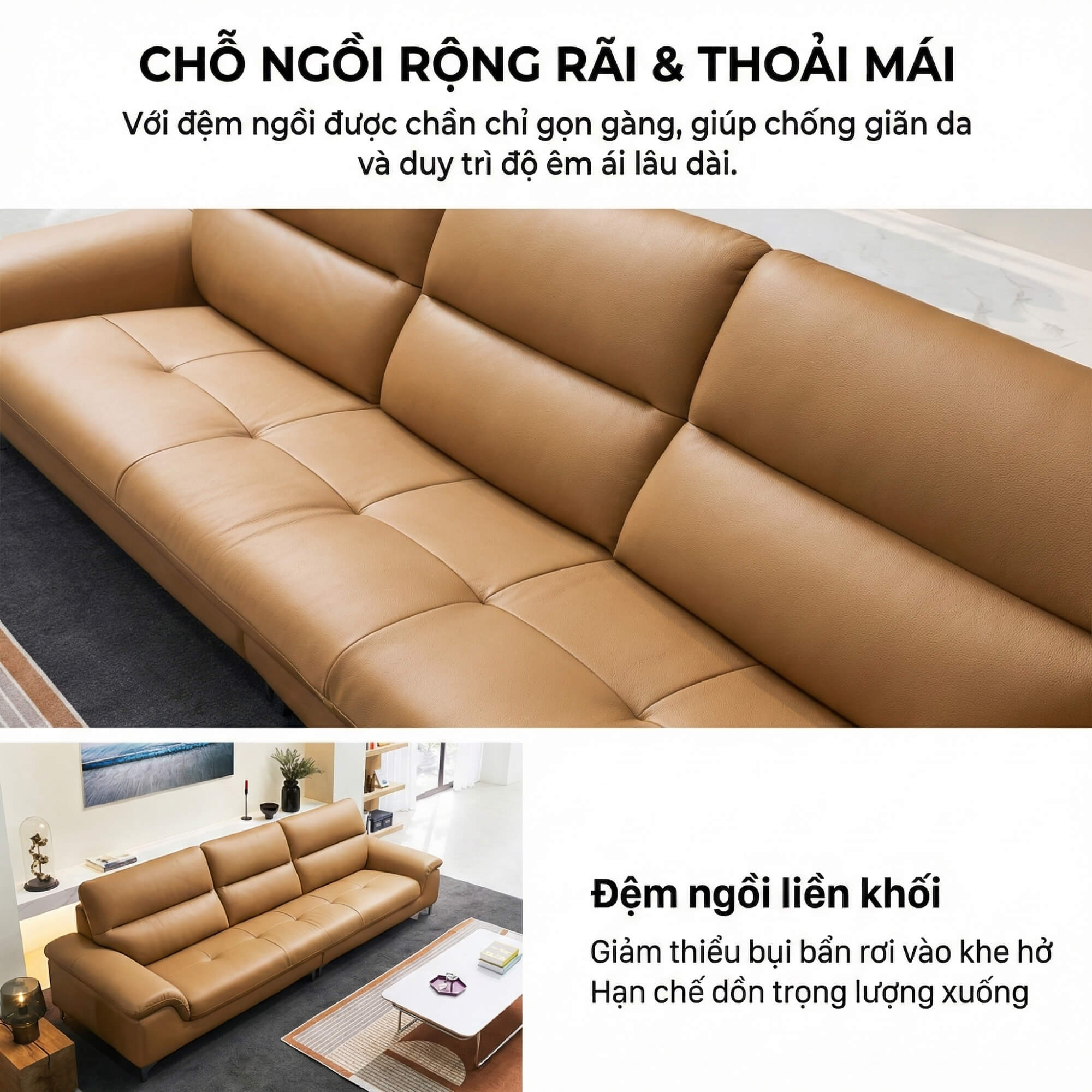 Sofa CLOVERA - Sofa Băng Bọc Da Tay Vịn Thấp Thư Giãn