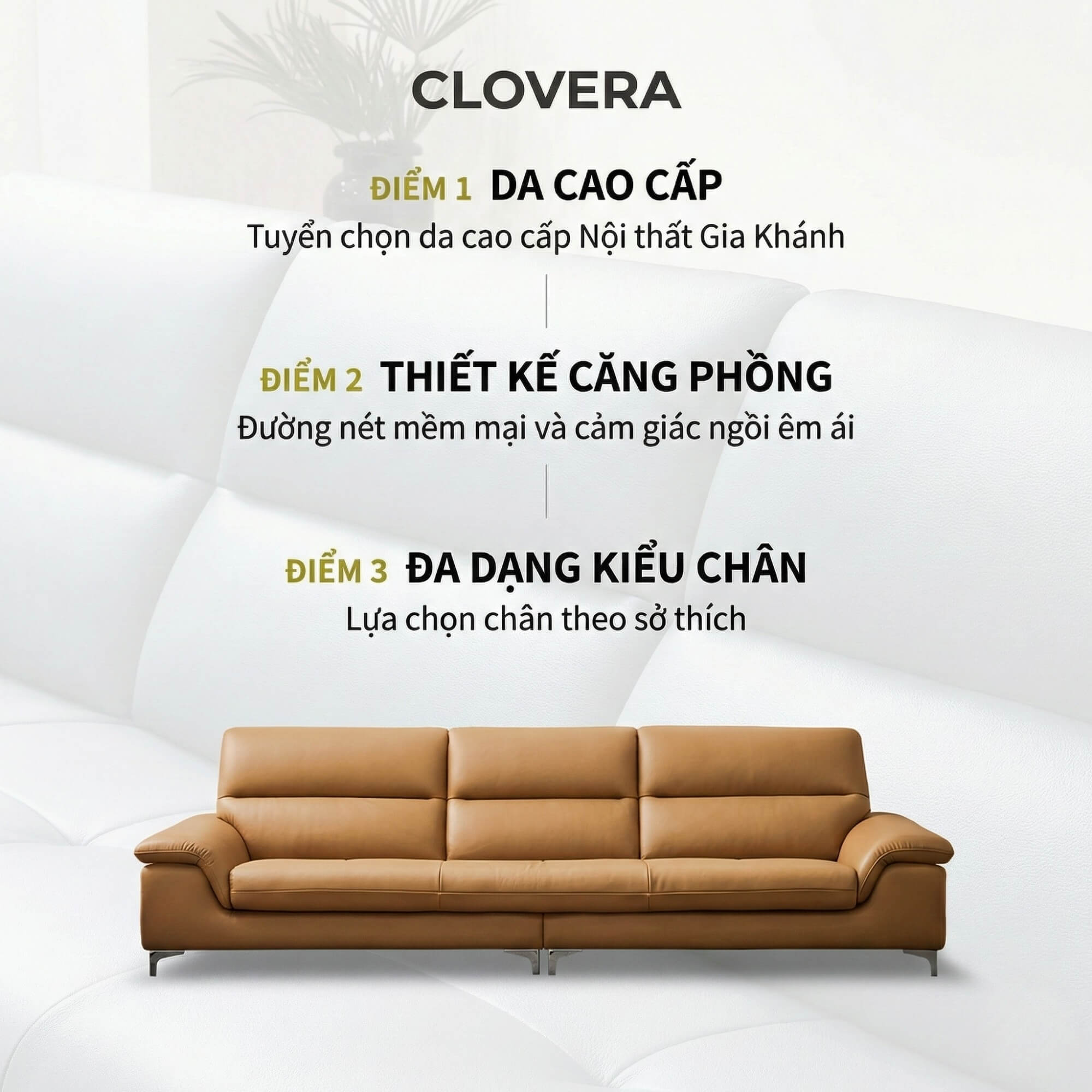 Sofa CLOVERA - Sofa Băng Bọc Da Tay Vịn Thấp Thư Giãn
