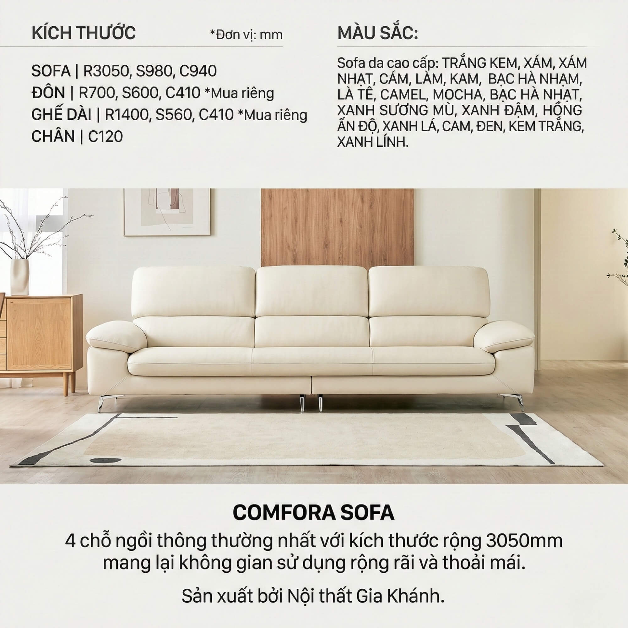 Sofa COMFORA - Sofa Băng Cao Cấp Tinh Tế Tay Vịn Thấp Thoải Mái