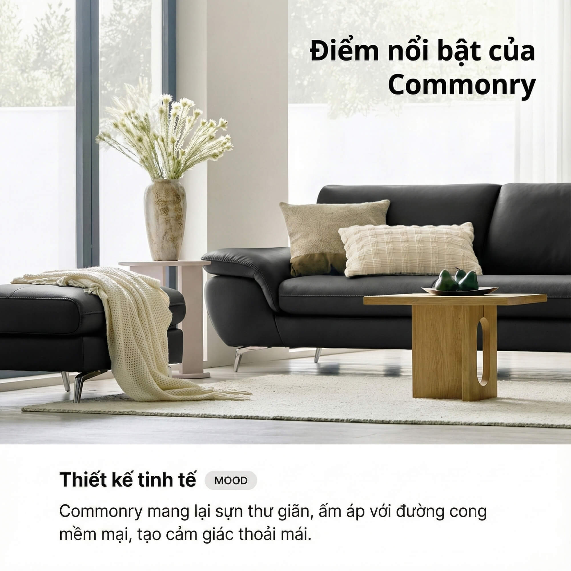 Sofa COMMONRY - Sofa Băng Bọc Da Tay Vịn Thấp Cho Cơ Thể Nghỉ Ngơi