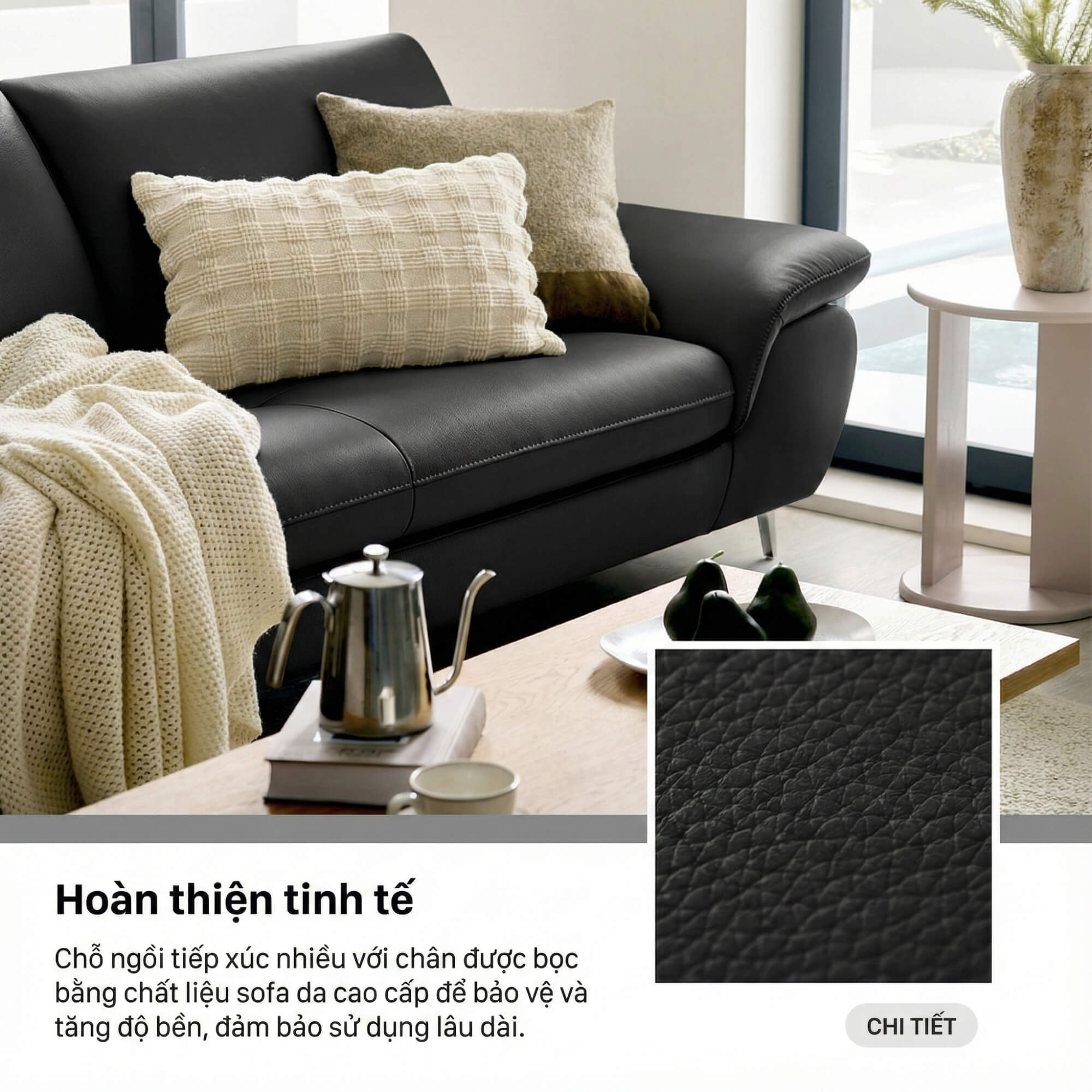Sofa COMMONRY - Sofa Băng Bọc Da Tay Vịn Thấp Cho Cơ Thể Nghỉ Ngơi