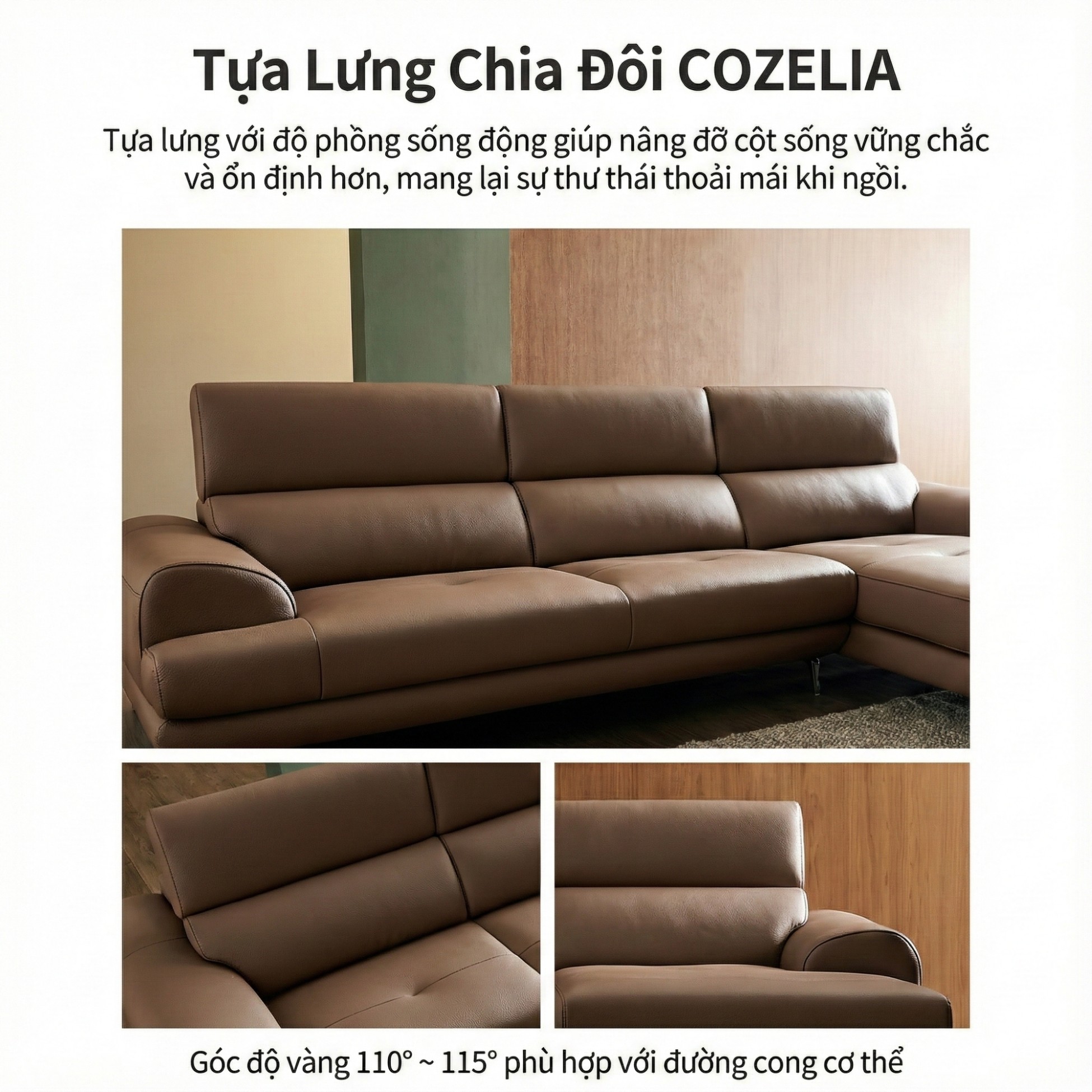 Sofa COZELIA - Sofa Góc Bọc Da Với Tựa Lưng Đa Năng Hiện Đại