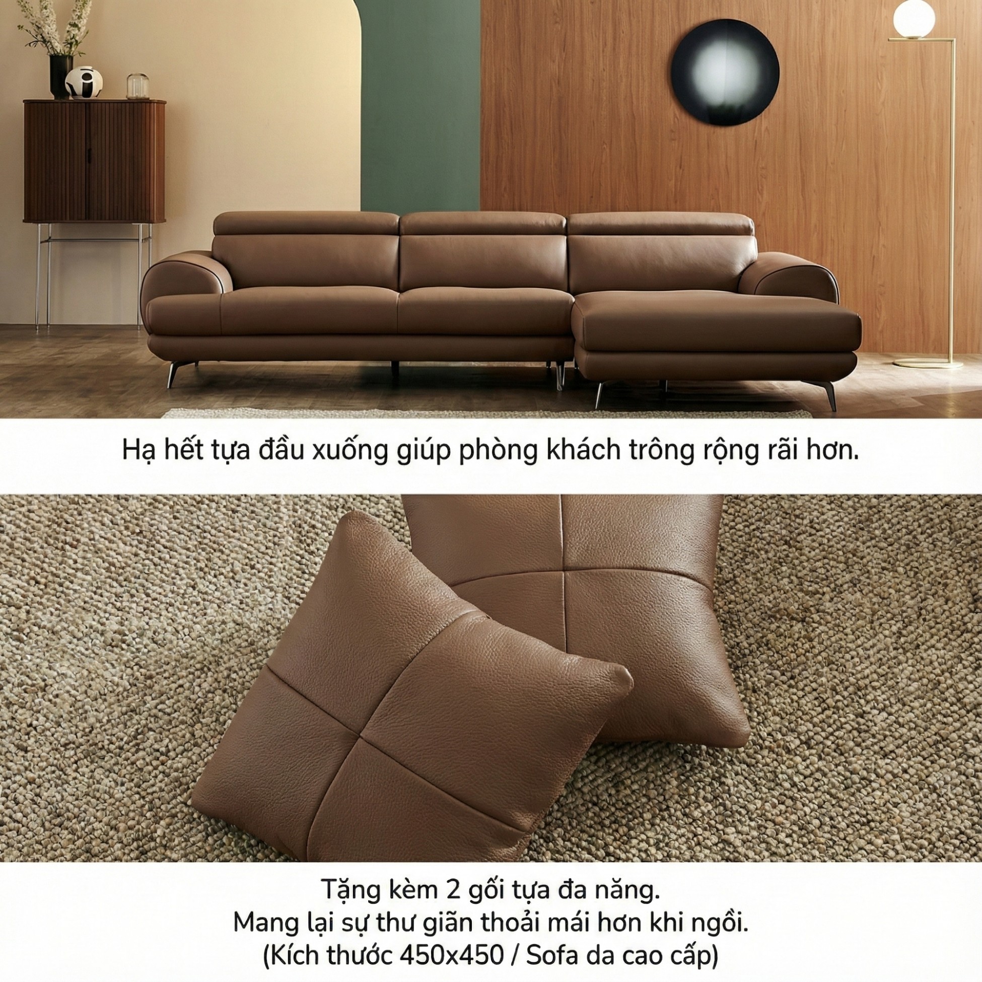Sofa COZELIA - Sofa Góc Bọc Da Với Tựa Lưng Đa Năng Hiện Đại