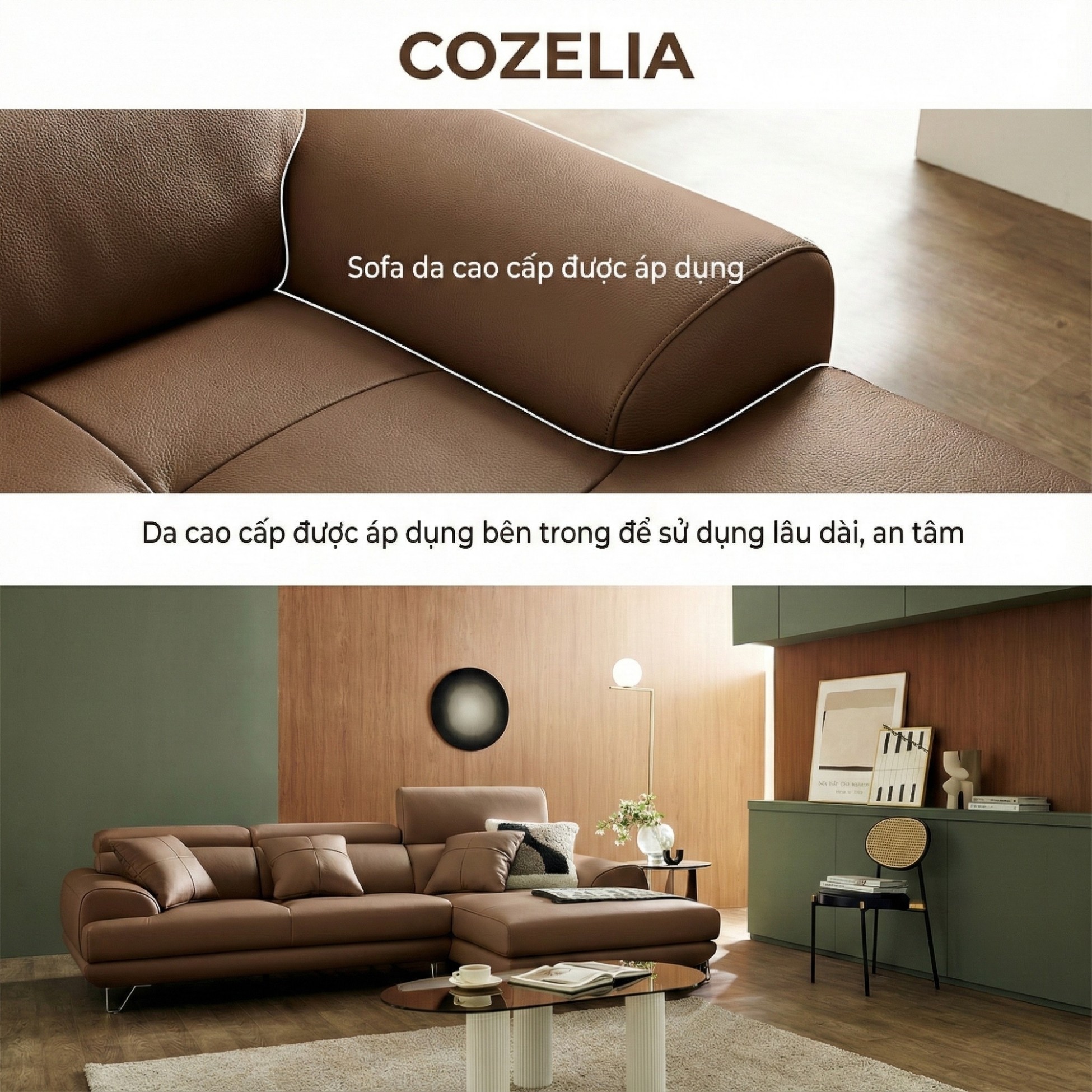 Sofa COZELIA - Sofa Góc Bọc Da Với Tựa Lưng Đa Năng Hiện Đại
