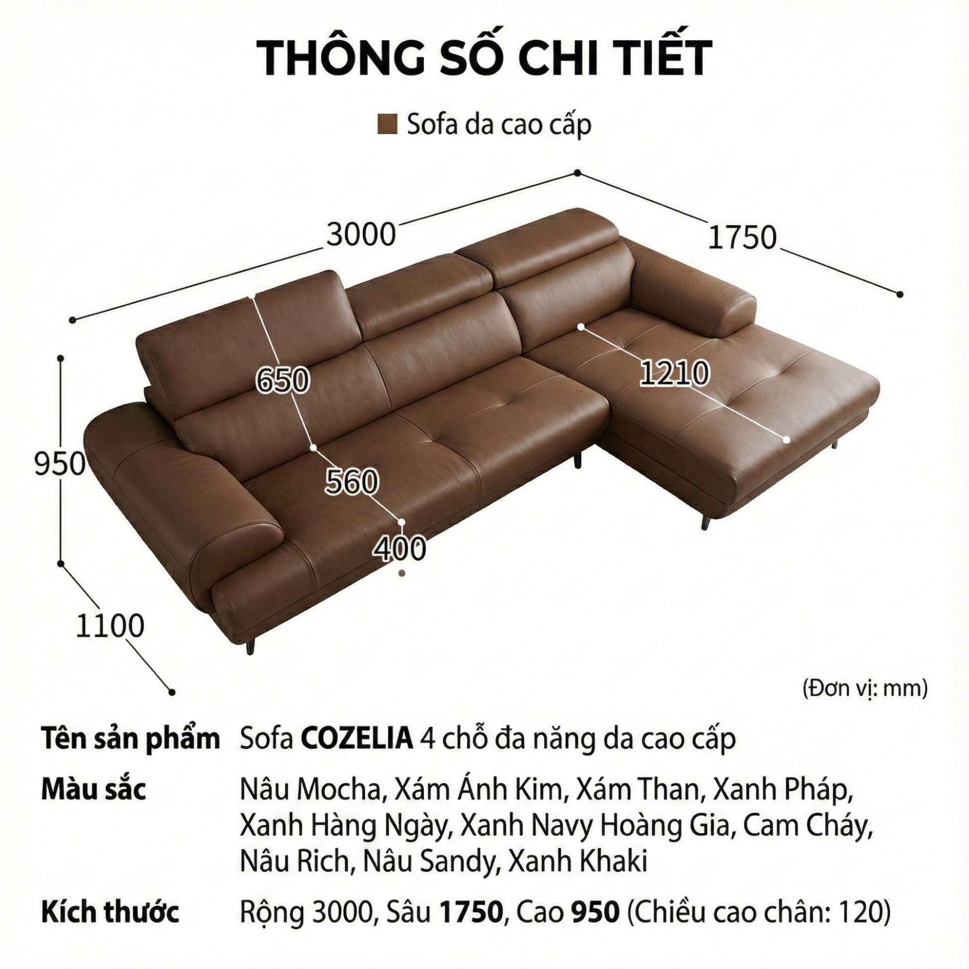 Sofa COZELIA - Sofa Góc Bọc Da Với Tựa Lưng Đa Năng Hiện Đại