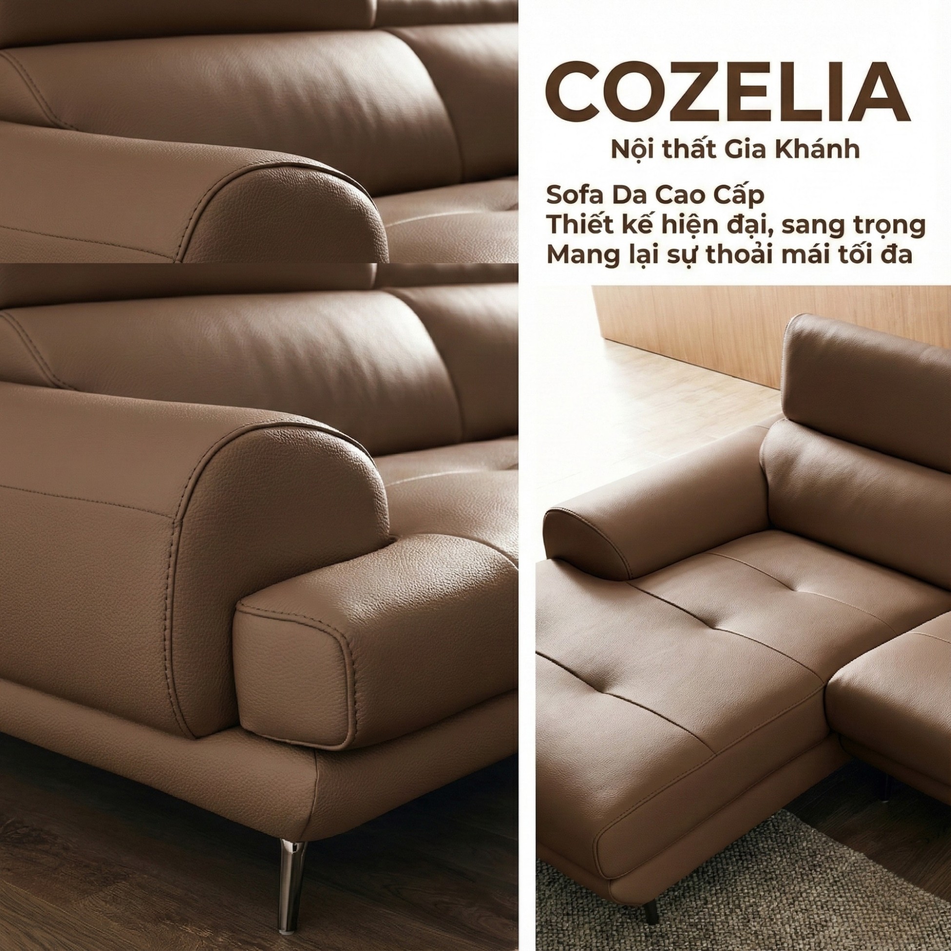 Sofa COZELIA - Sofa Góc Bọc Da Với Tựa Lưng Đa Năng Hiện Đại