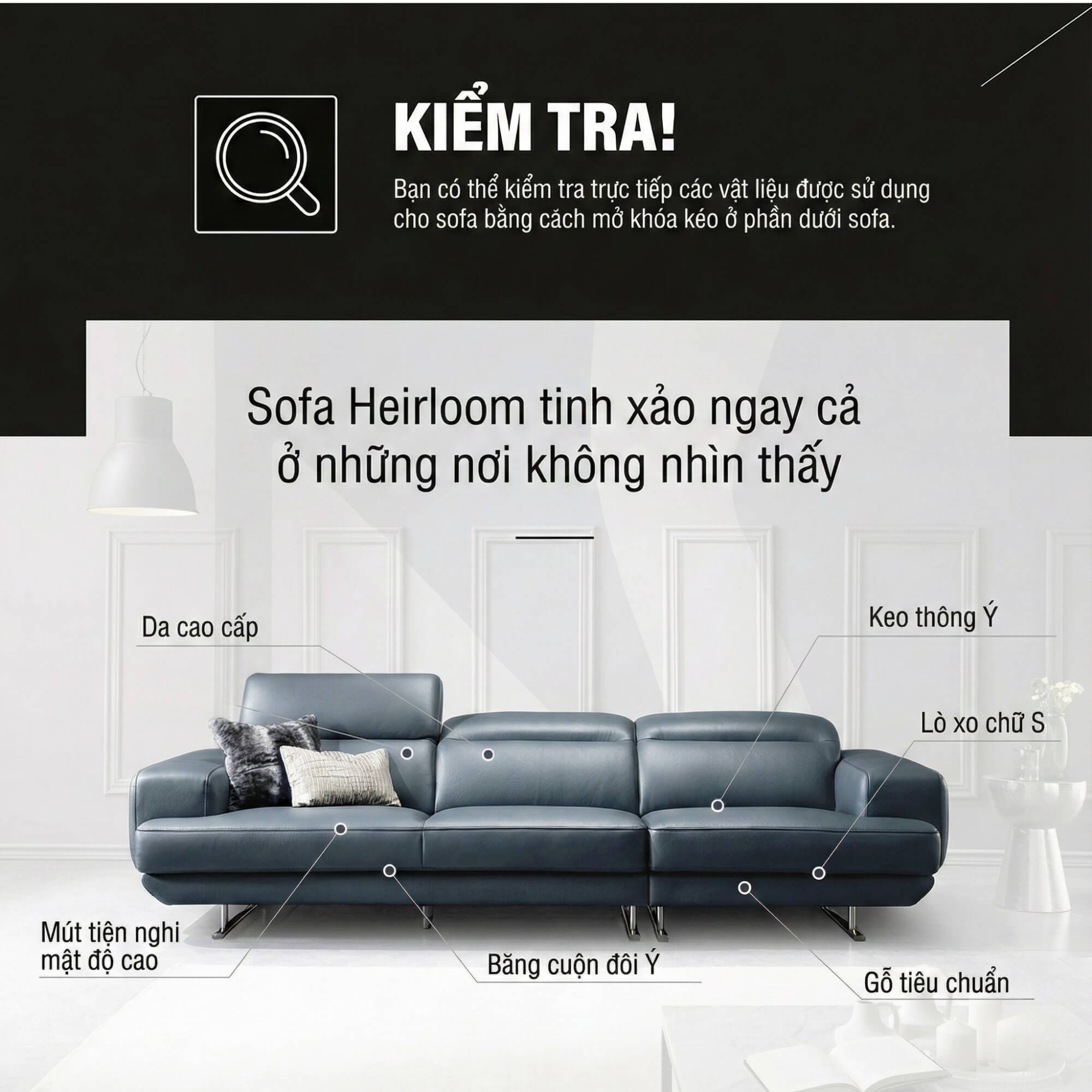 Sofa HEIRLOOM - Sofa Băng Bọc Da Thiết Kế Mạnh Mẽ Có Tựa Đầu Thông Minh
