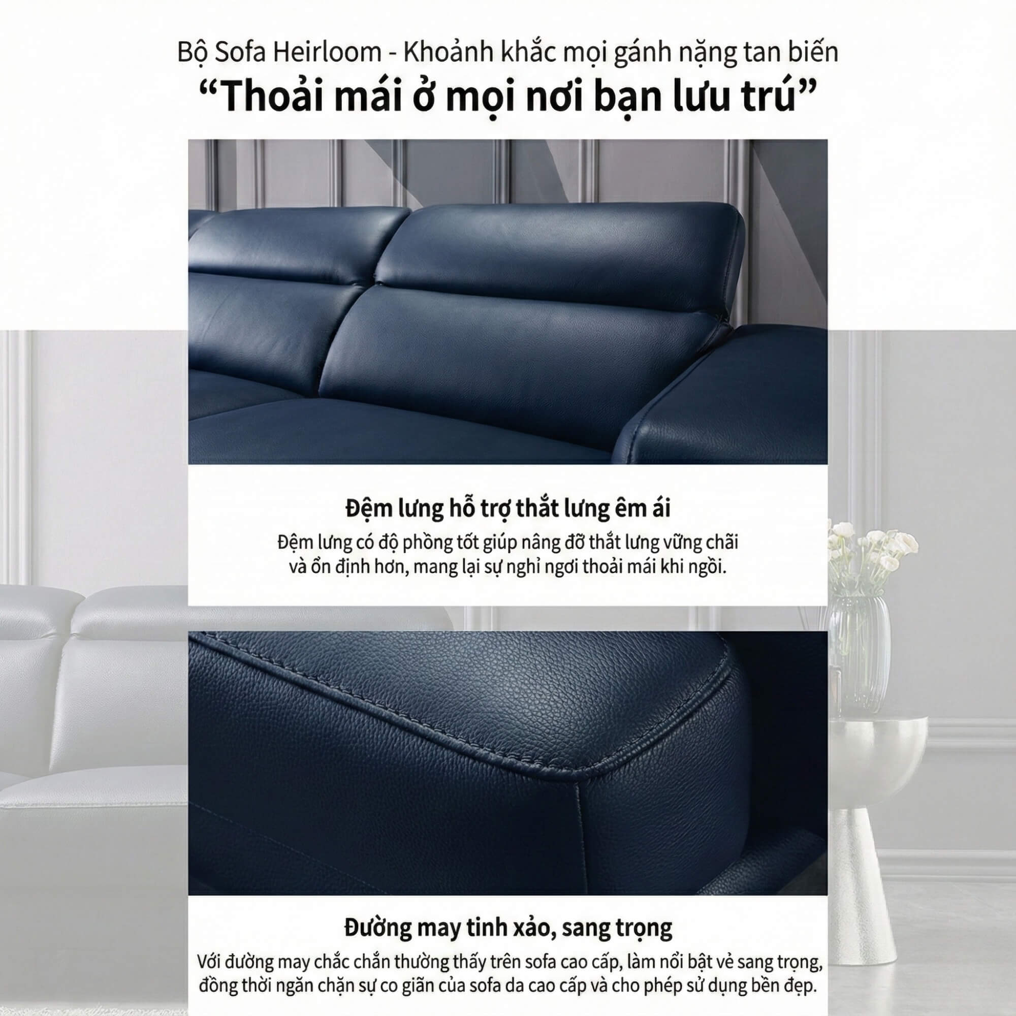 Sofa HEIRLOOM - Sofa Băng Bọc Da Thiết Kế Mạnh Mẽ Có Tựa Đầu Thông Minh