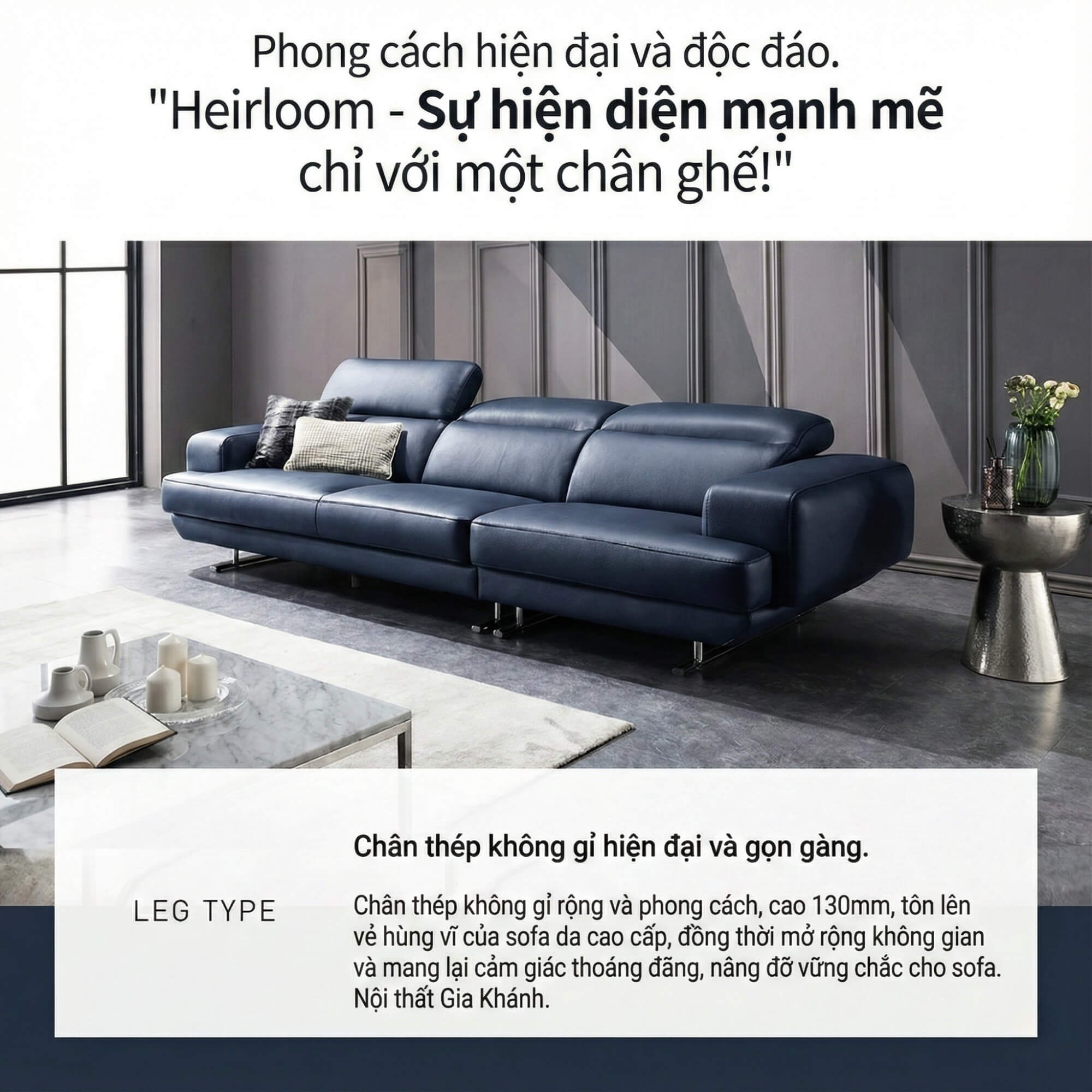 Sofa HEIRLOOM - Sofa Băng Bọc Da Thiết Kế Mạnh Mẽ Có Tựa Đầu Thông Minh