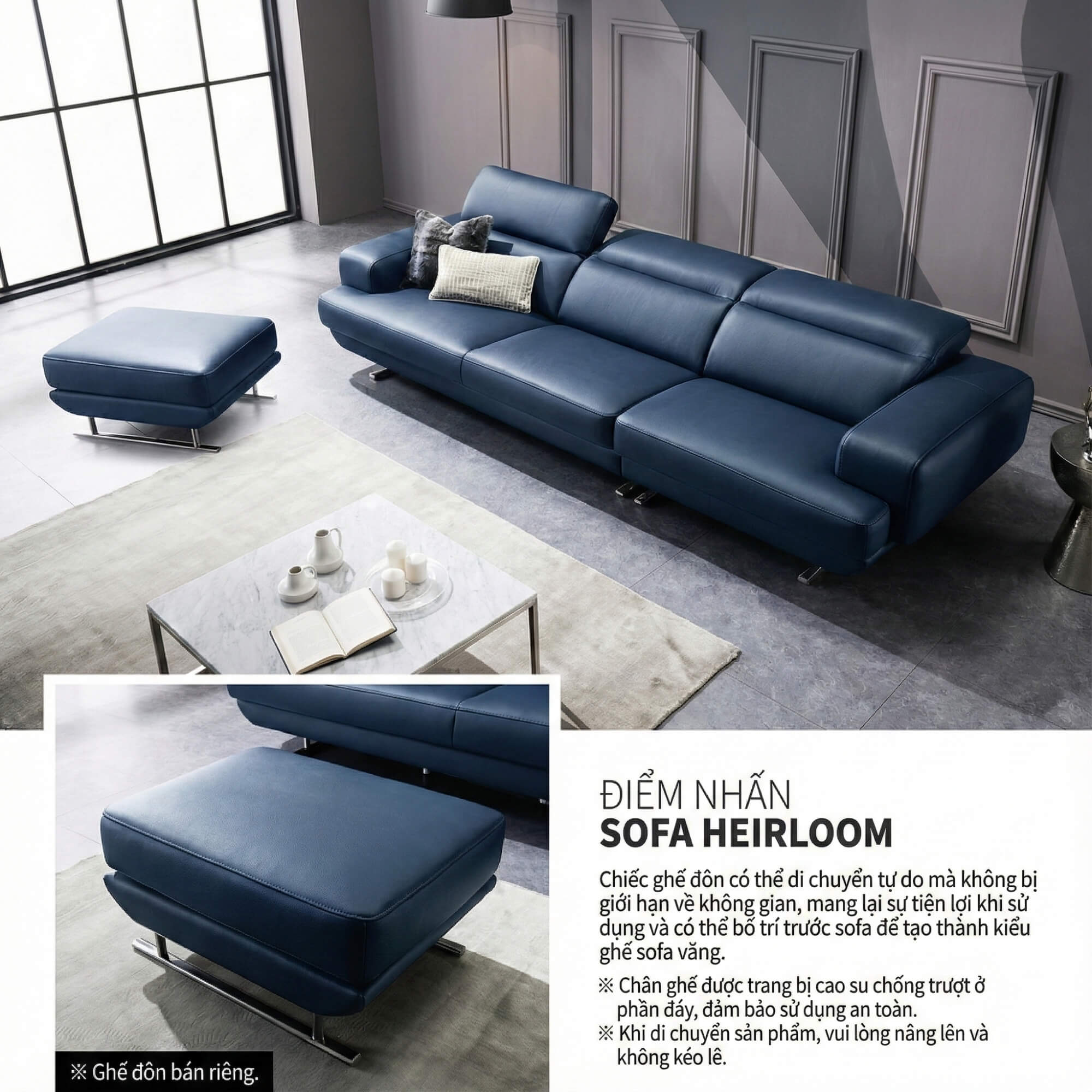 Sofa HEIRLOOM - Sofa Băng Bọc Da Thiết Kế Mạnh Mẽ Có Tựa Đầu Thông Minh