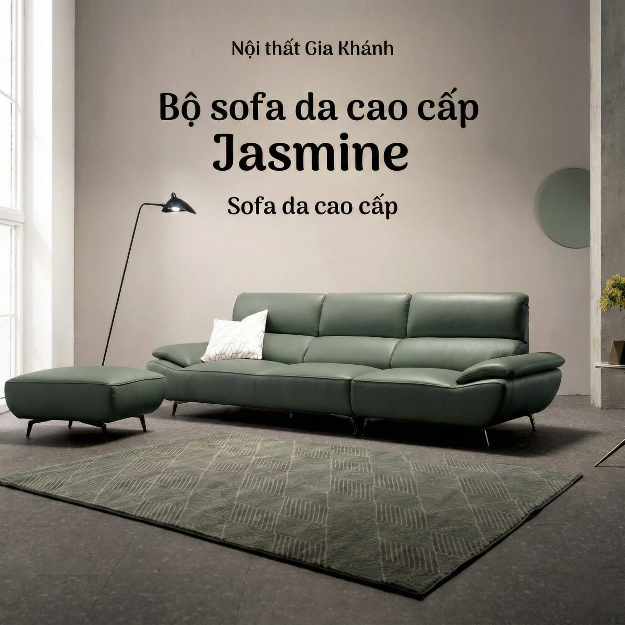 Sofa JASMINE - Sofa Da Phòng Khách Dáng Băng Dáng Thuyền Hoa Nở Rộ