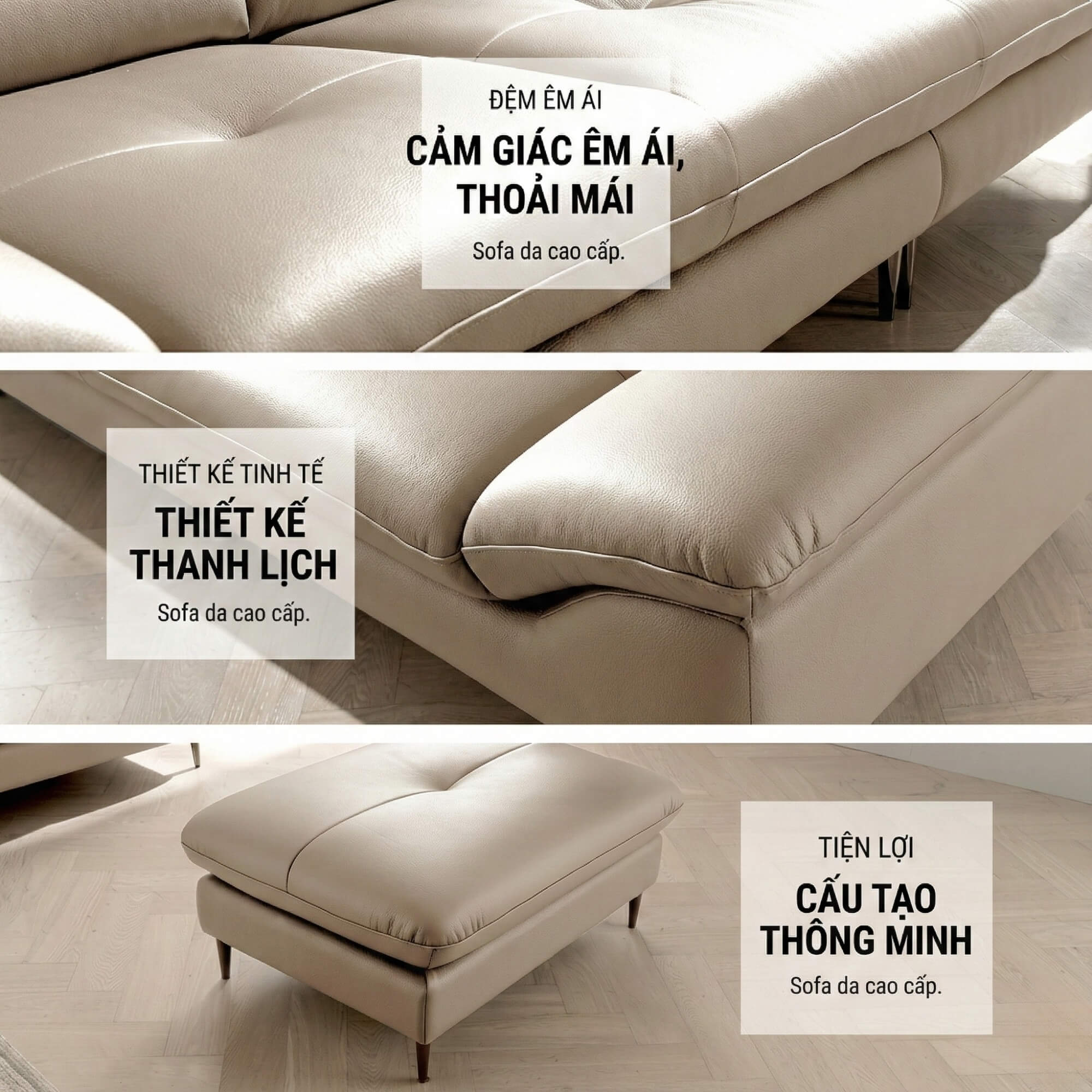 Sofa LIORA – Sofa Băng Hiện Đại Bọc Da Thiết Kế Đệm Lưng Êm Ái 