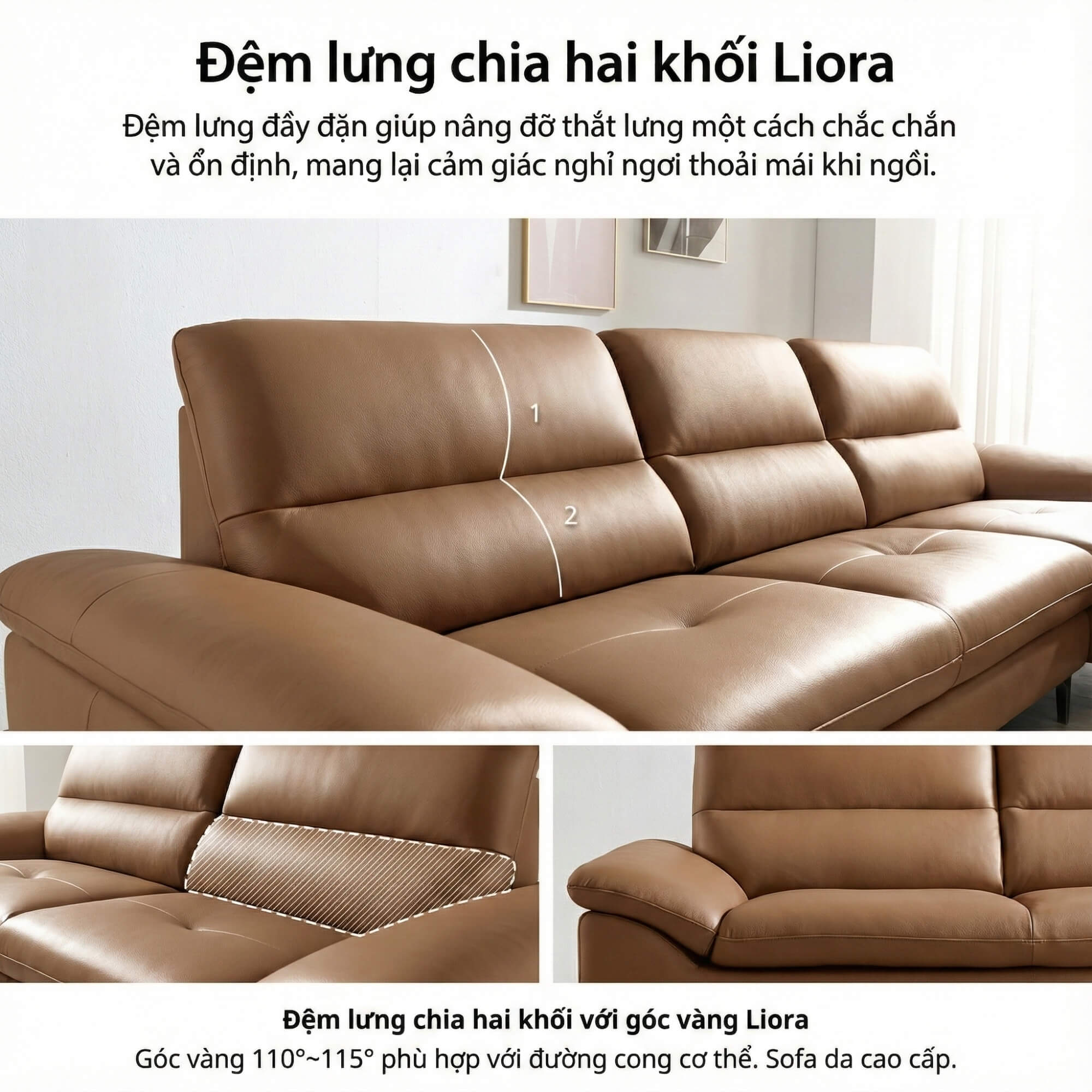 Sofa LIORA – Sofa Băng Hiện Đại Bọc Da Thiết Kế Đệm Lưng Êm Ái 