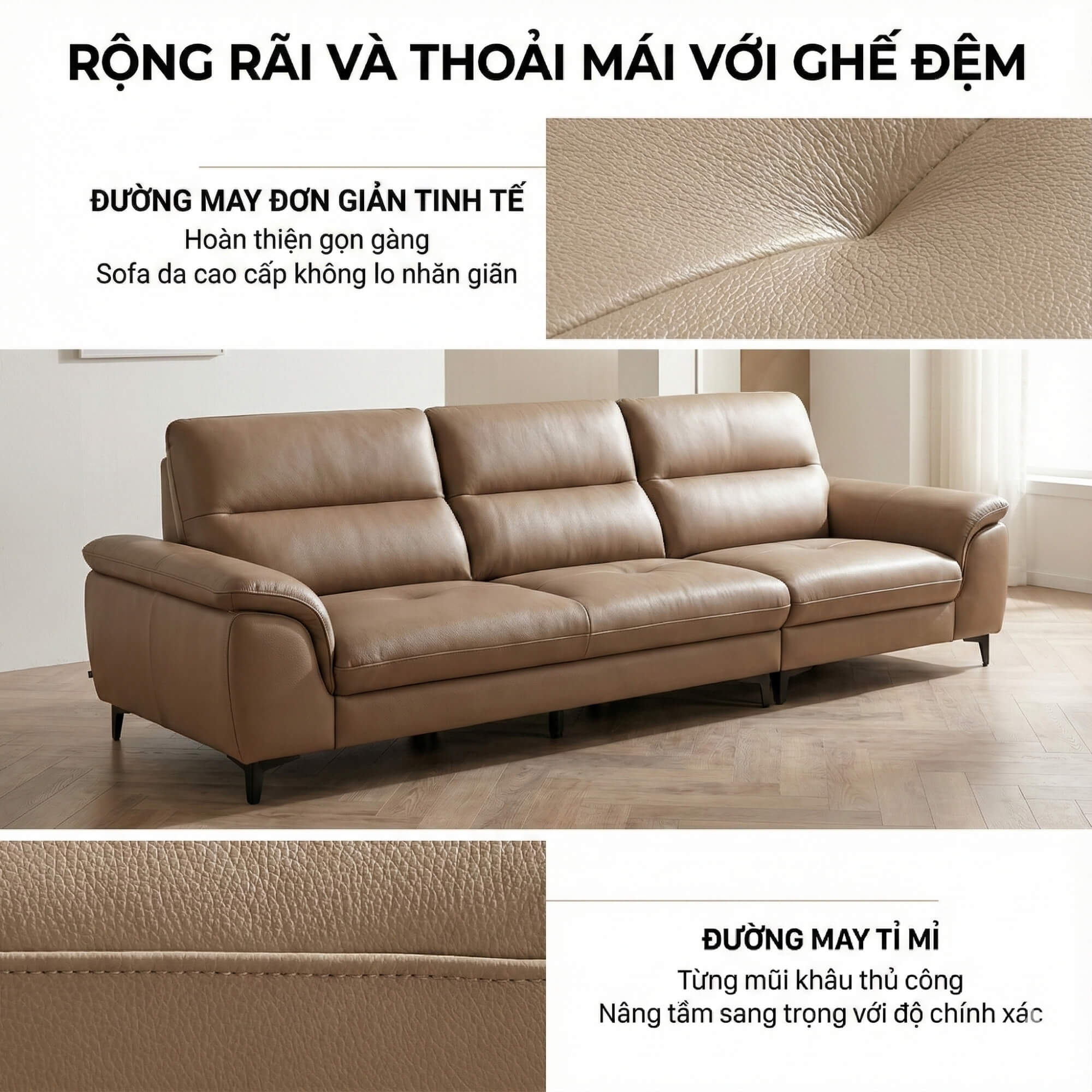 Sofa LIORA – Sofa Băng Hiện Đại Bọc Da Thiết Kế Đệm Lưng Êm Ái 