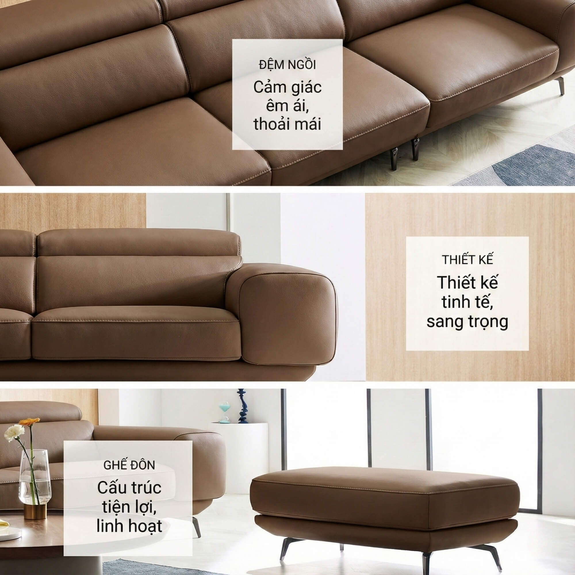 Sofa MELLARO - Sofa Da Dáng Băng 3 Chỗ Tựa Đầu Thông Minh Sang Trọng