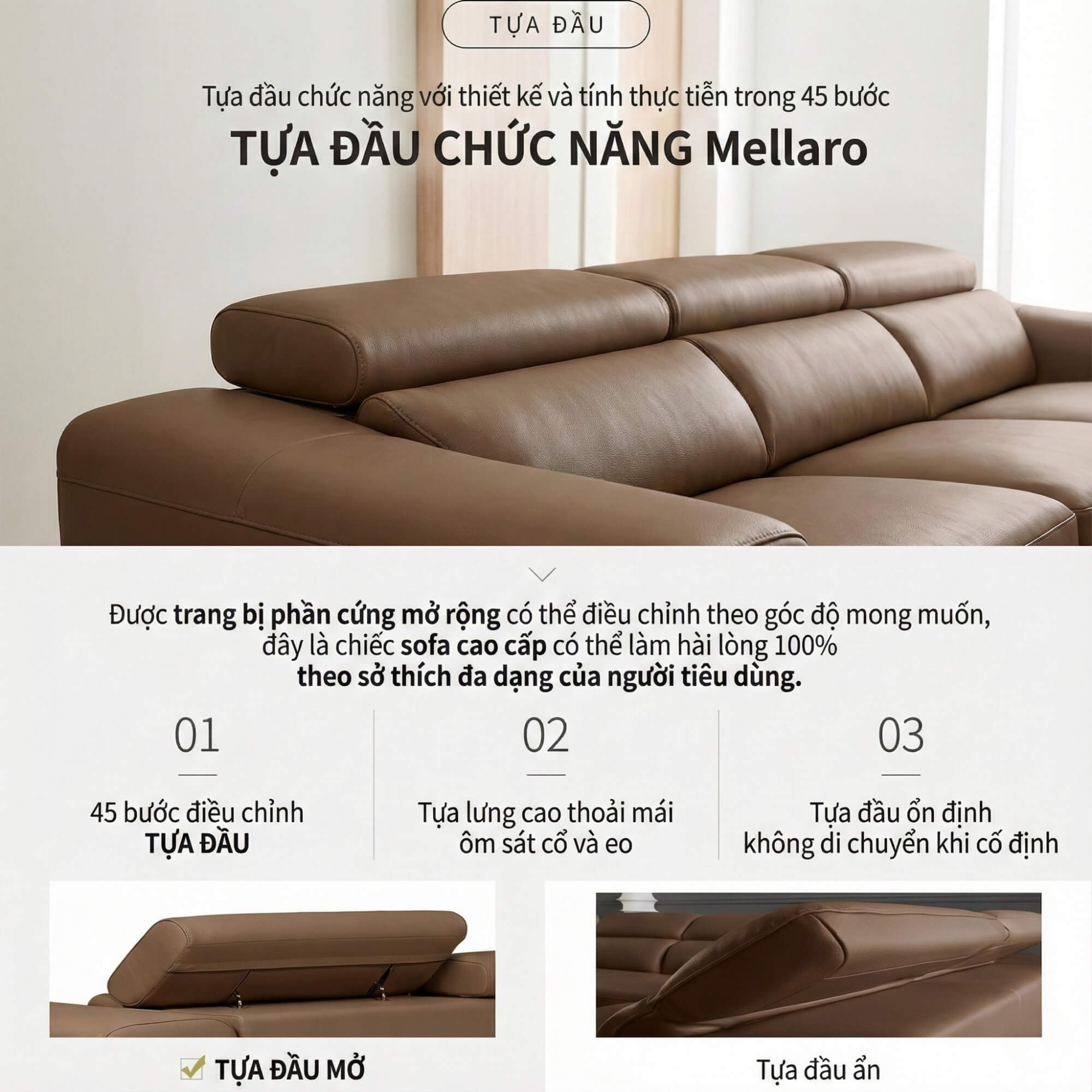 Sofa MELLARO - Sofa Da Dáng Băng 3 Chỗ Tựa Đầu Thông Minh Sang Trọng