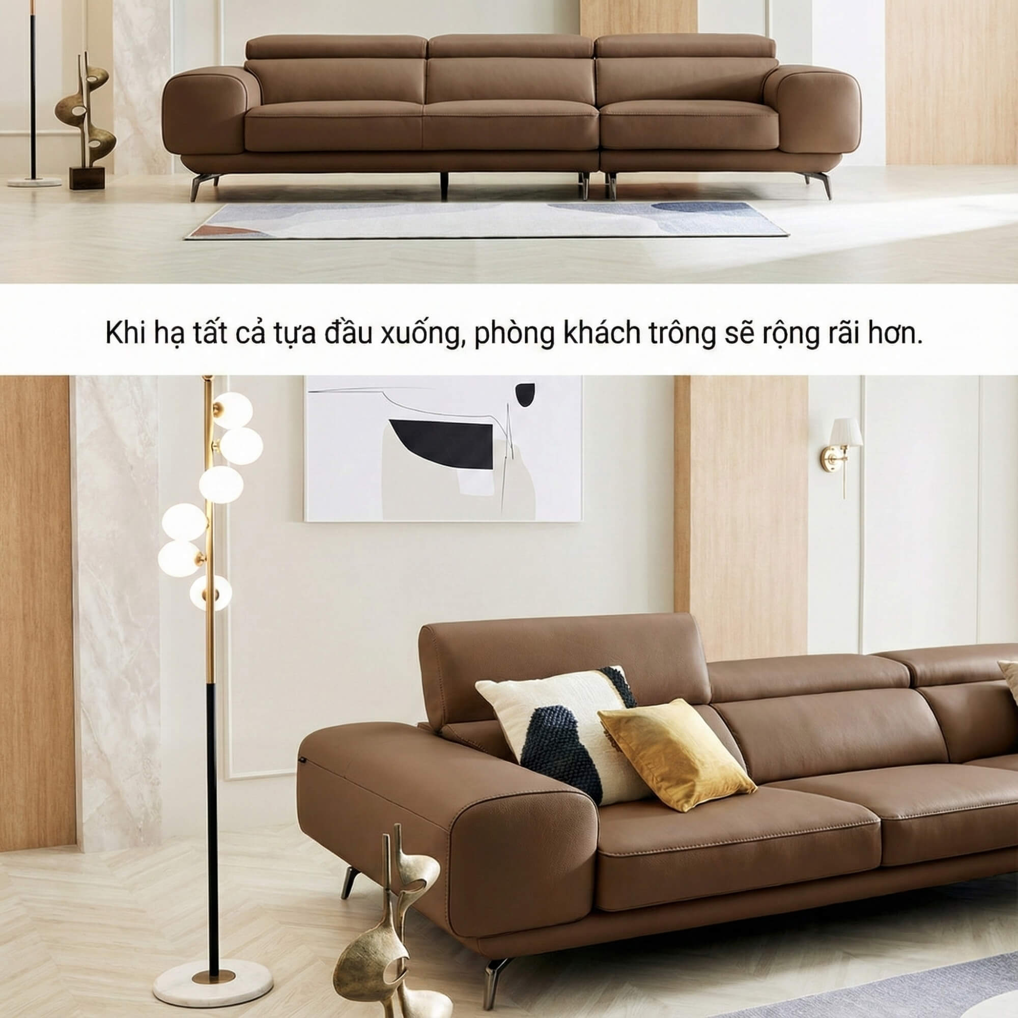 Sofa MELLARO - Sofa Da Dáng Băng 3 Chỗ Tựa Đầu Thông Minh Sang Trọng