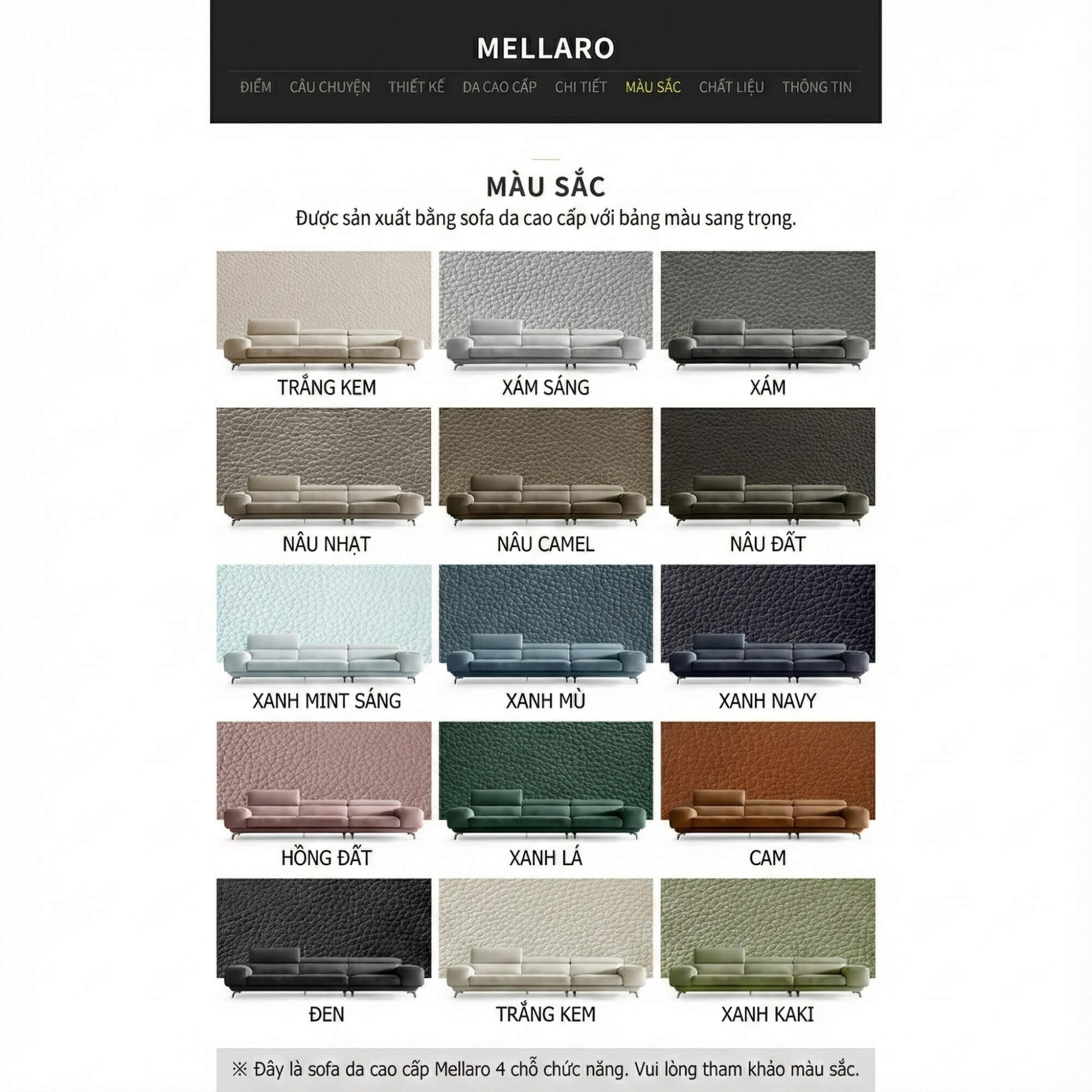 Sofa MELLARO - Sofa Da Dáng Băng 3 Chỗ Tựa Đầu Thông Minh Sang Trọng