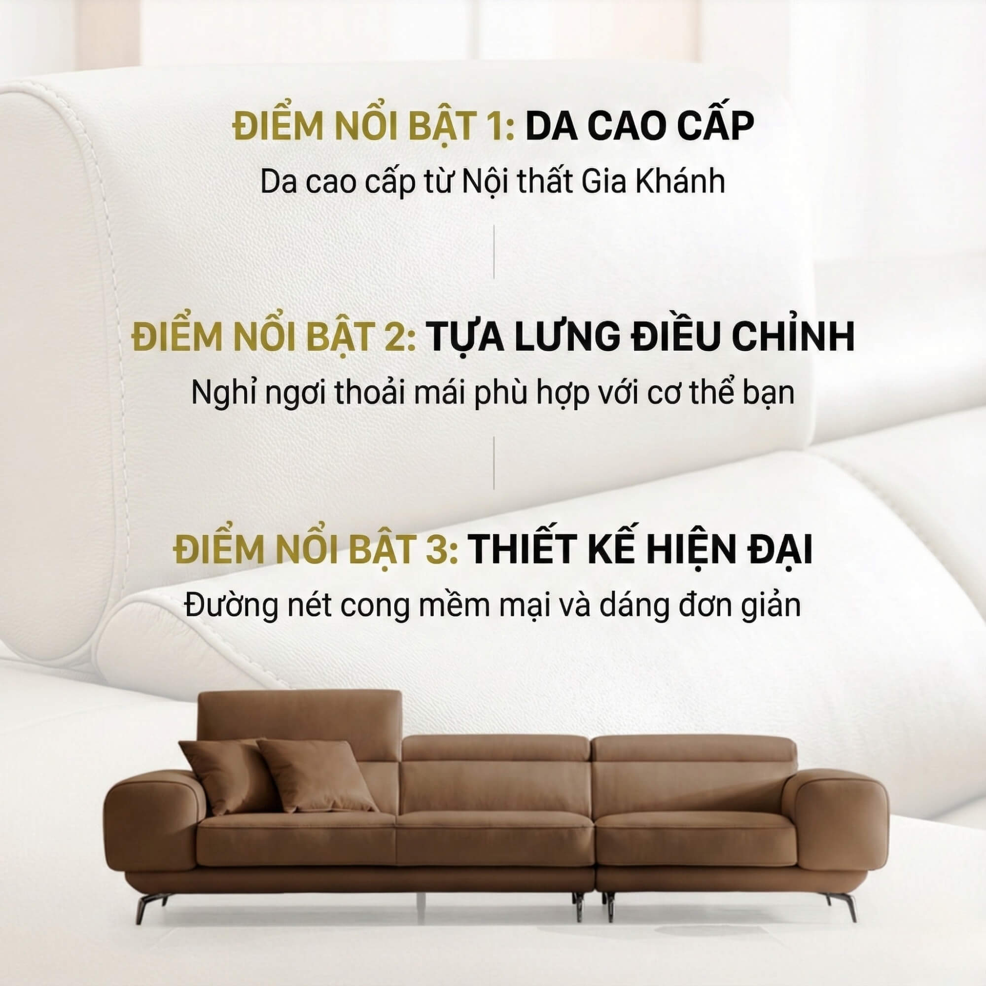 Sofa MELLARO - Sofa Da Dáng Băng 3 Chỗ Tựa Đầu Thông Minh Sang Trọng