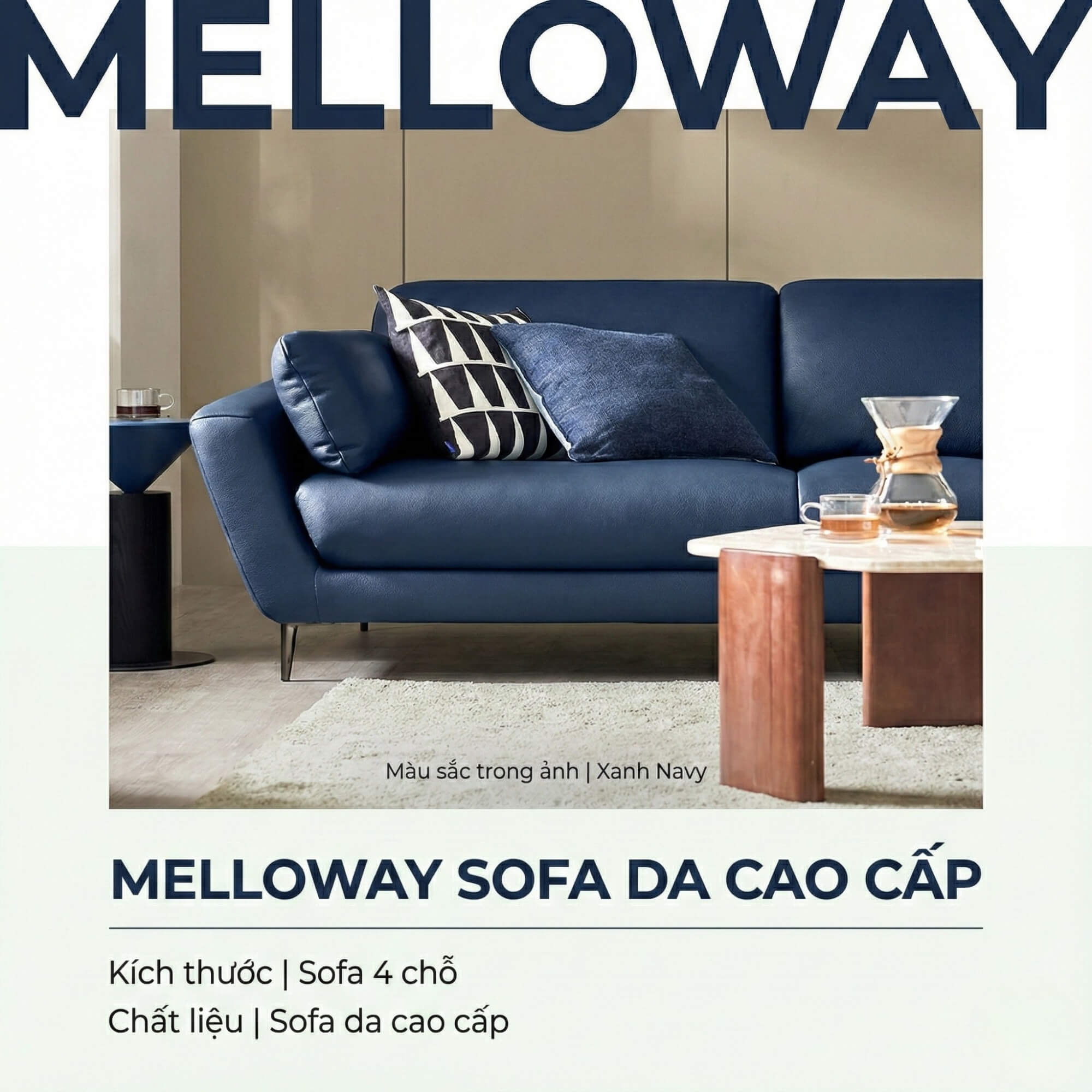 Sofa MELLOWAY - Sofa Băng Bọc Da Sang Trọng Cho Phòng Khách Hiện Đại