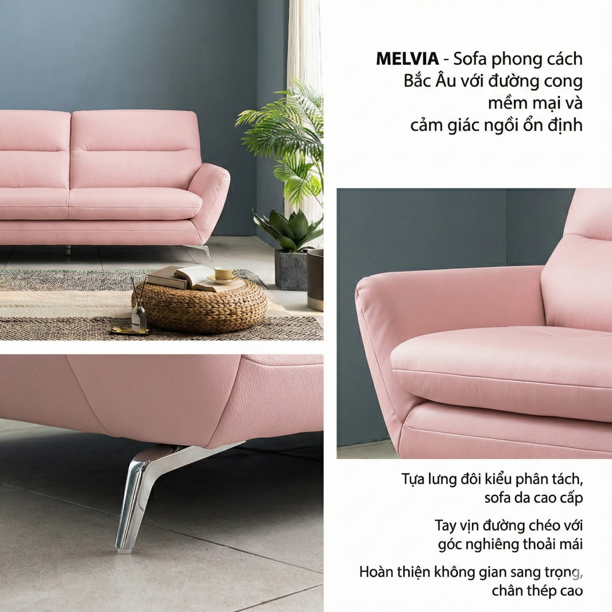 Sofa MELVIA - Sofa Thuyền 2 Chỗ Bọc Da Phong Cách Bắc Âu