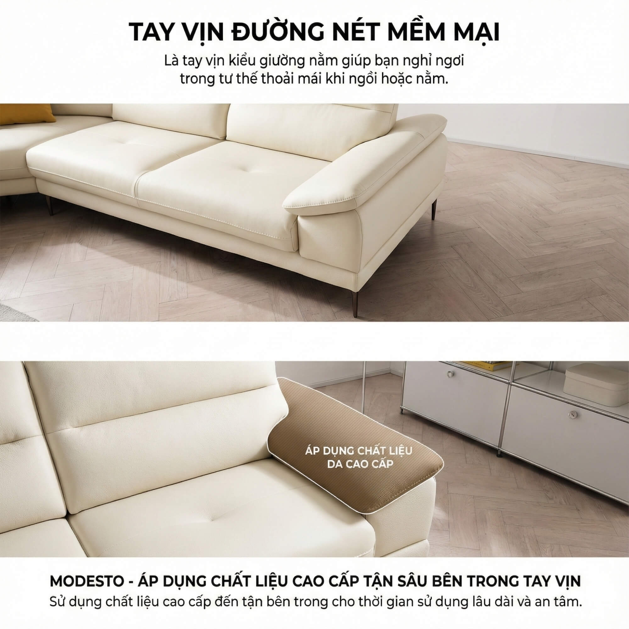 Sofa MODESTO – Sofa Da Dáng Băng Cao Cấp 4 Chỗ Tạy Vịn DayBed