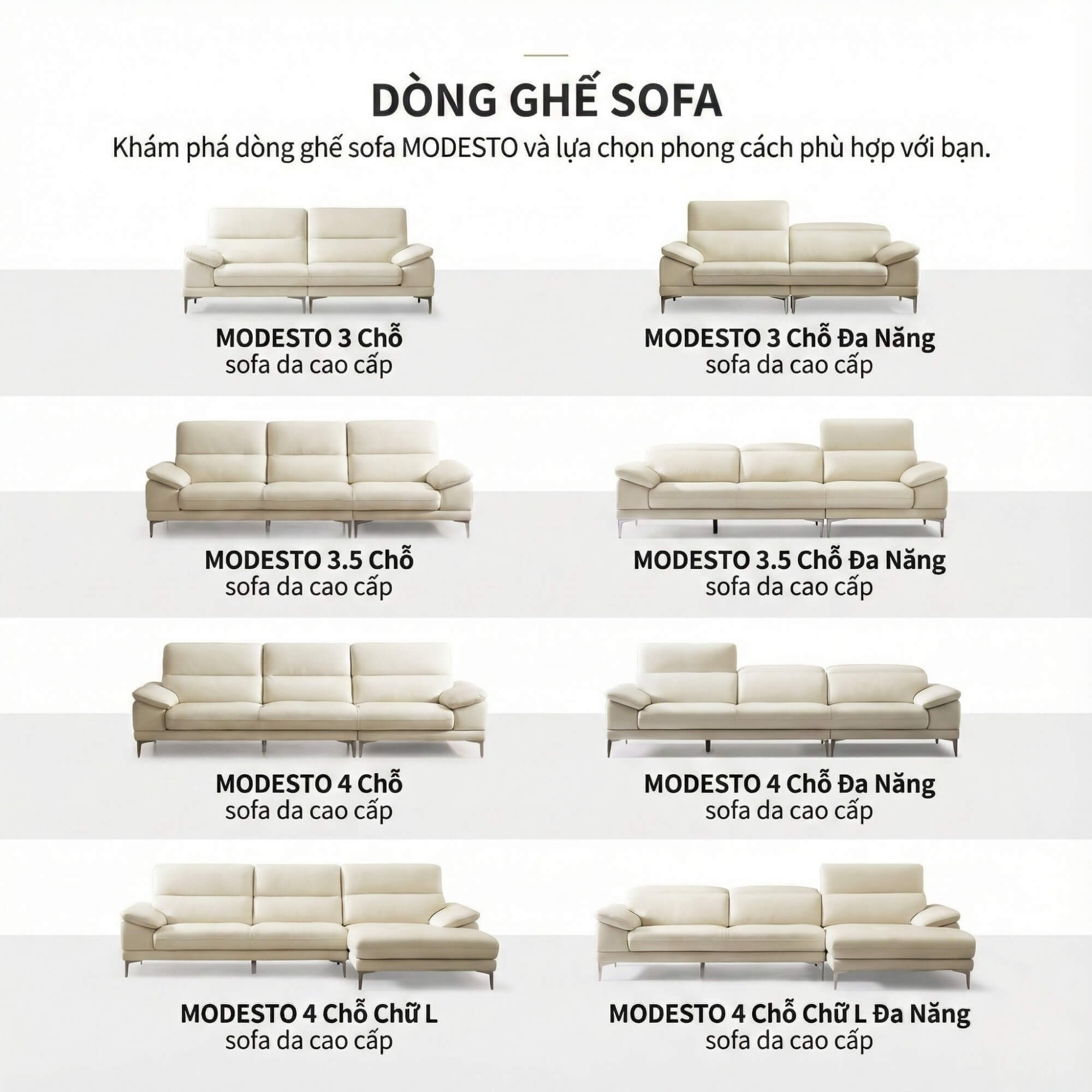 Sofa MODESTO – Sofa Da Dáng Băng Cao Cấp 4 Chỗ Tạy Vịn DayBed