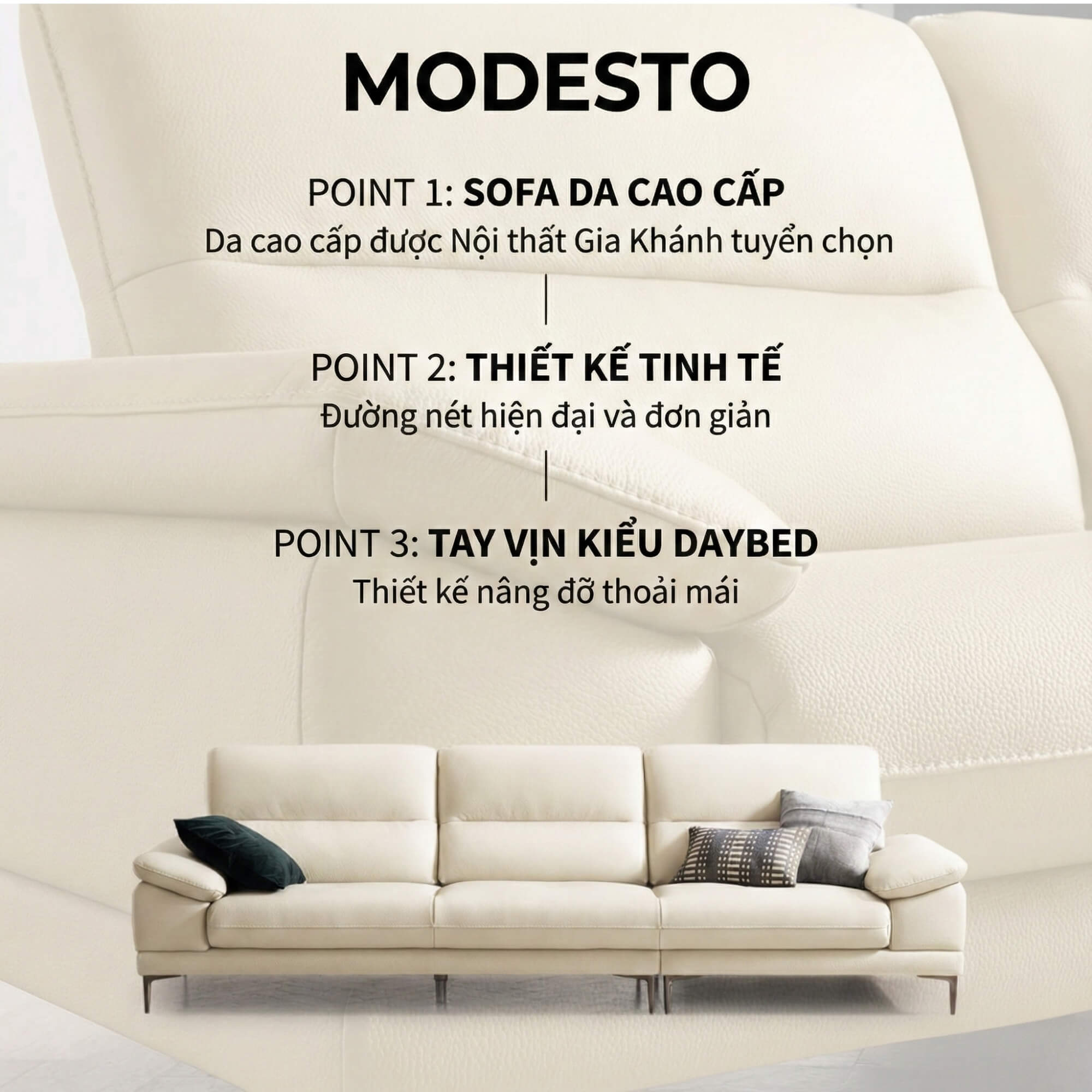 Sofa MODESTO – Sofa Da Dáng Băng Cao Cấp 4 Chỗ Tạy Vịn DayBed