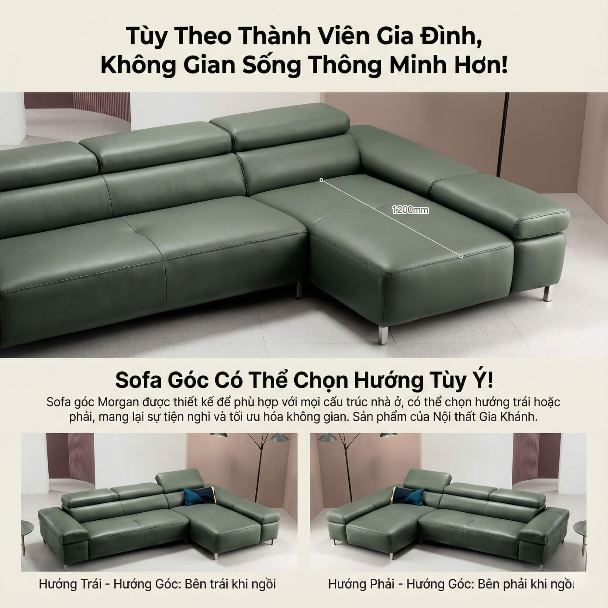Sofa MORGAN - Sofa Da Lệch Góc Có Tựa Đầu Thông Minh Tuỳ Chỉnh