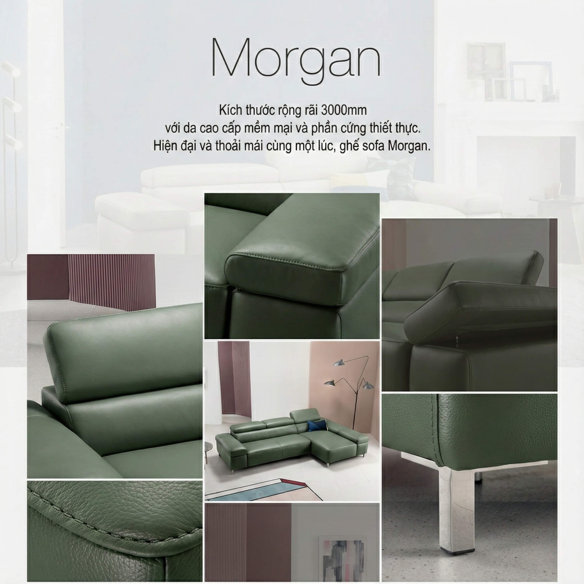 Sofa MORGAN - Sofa Da Lệch Góc Có Tựa Đầu Thông Minh Tuỳ Chỉnh