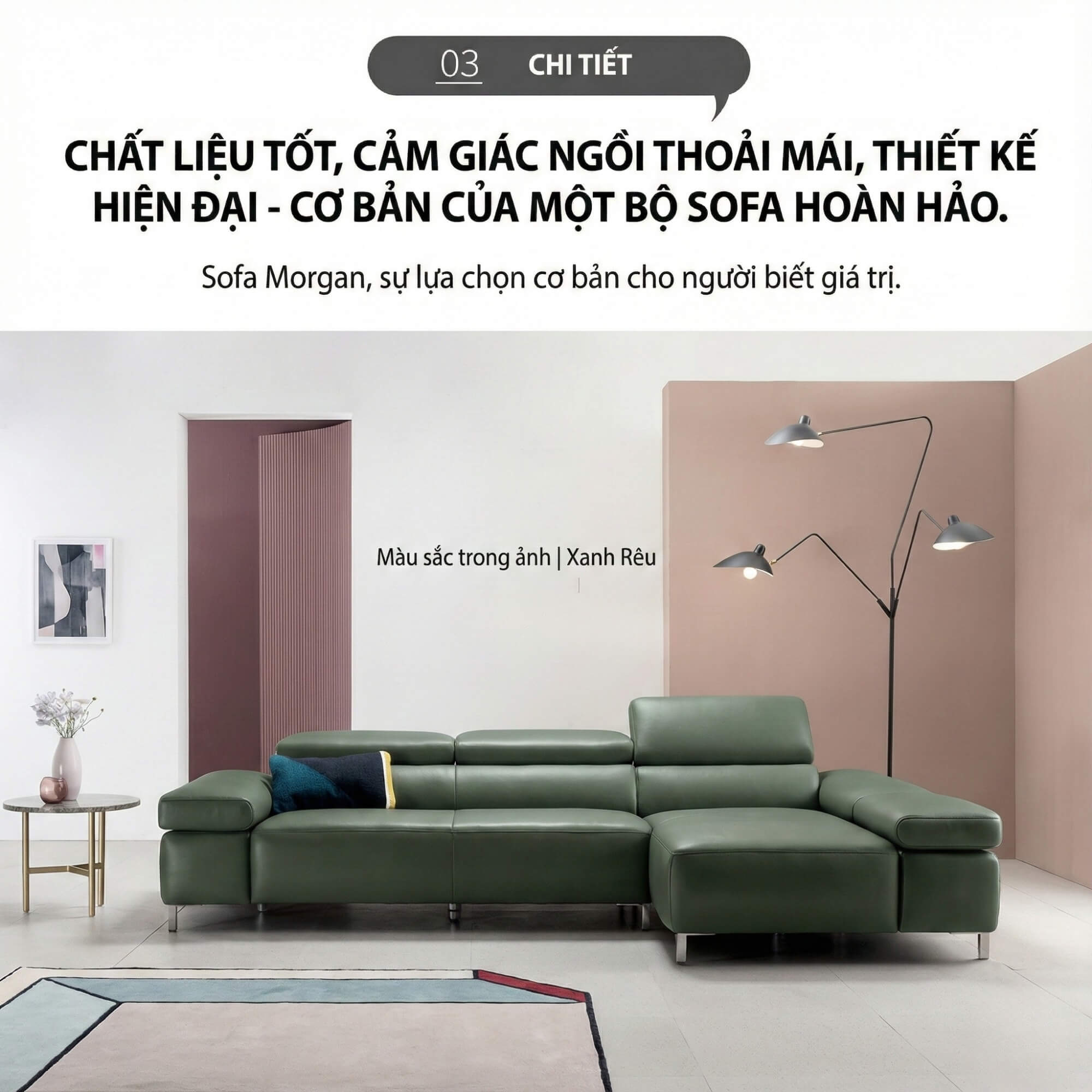 Sofa MORGAN - Sofa Da Lệch Góc Có Tựa Đầu Thông Minh Tuỳ Chỉnh