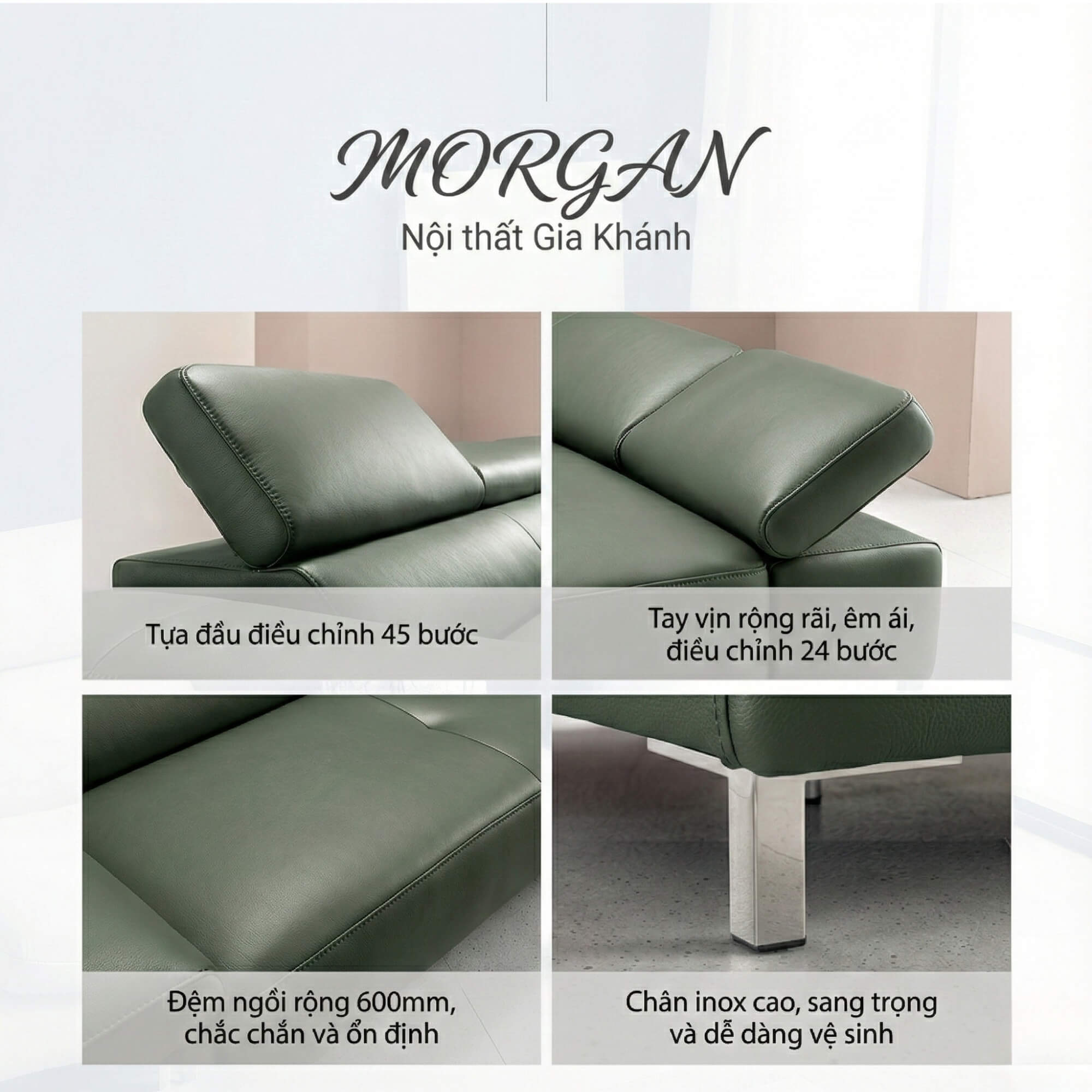 Sofa MORGAN - Sofa Da Lệch Góc Có Tựa Đầu Thông Minh Tuỳ Chỉnh