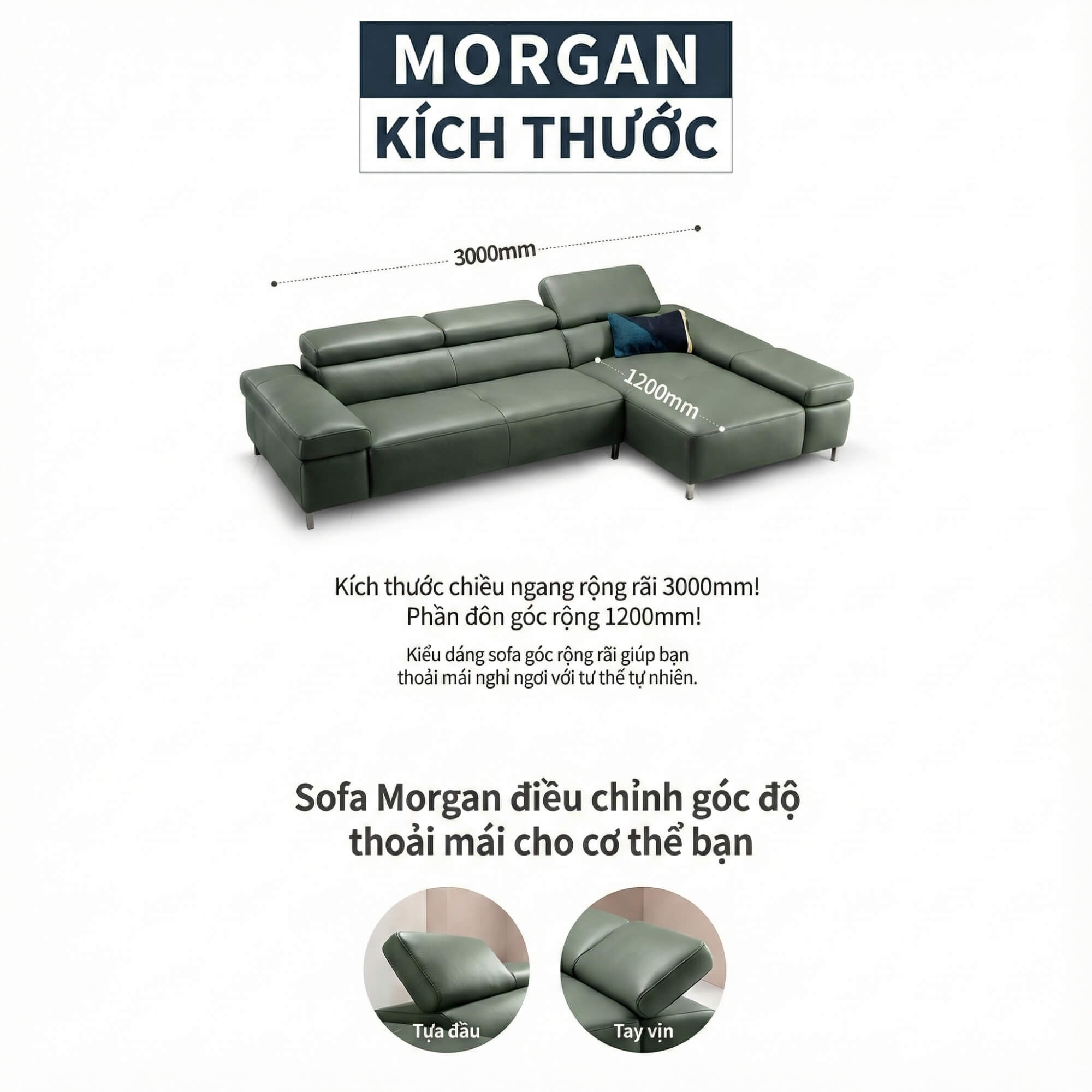 Sofa MORGAN - Sofa Da Lệch Góc Có Tựa Đầu Thông Minh Tuỳ Chỉnh